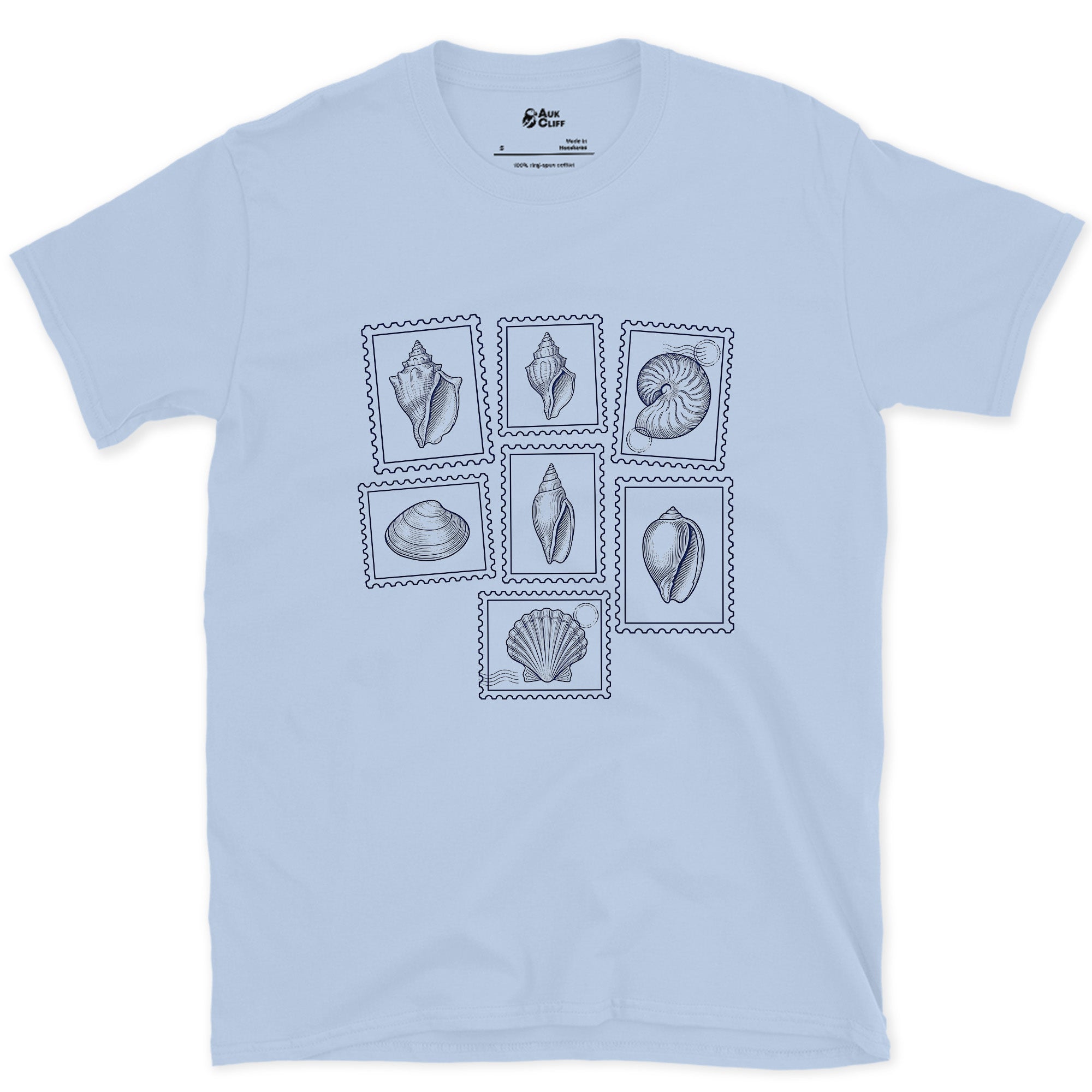 Nautilus, Conch and Scallop, Shell Stamps design on a Light Blue Gildan Softstyle t-shirt
