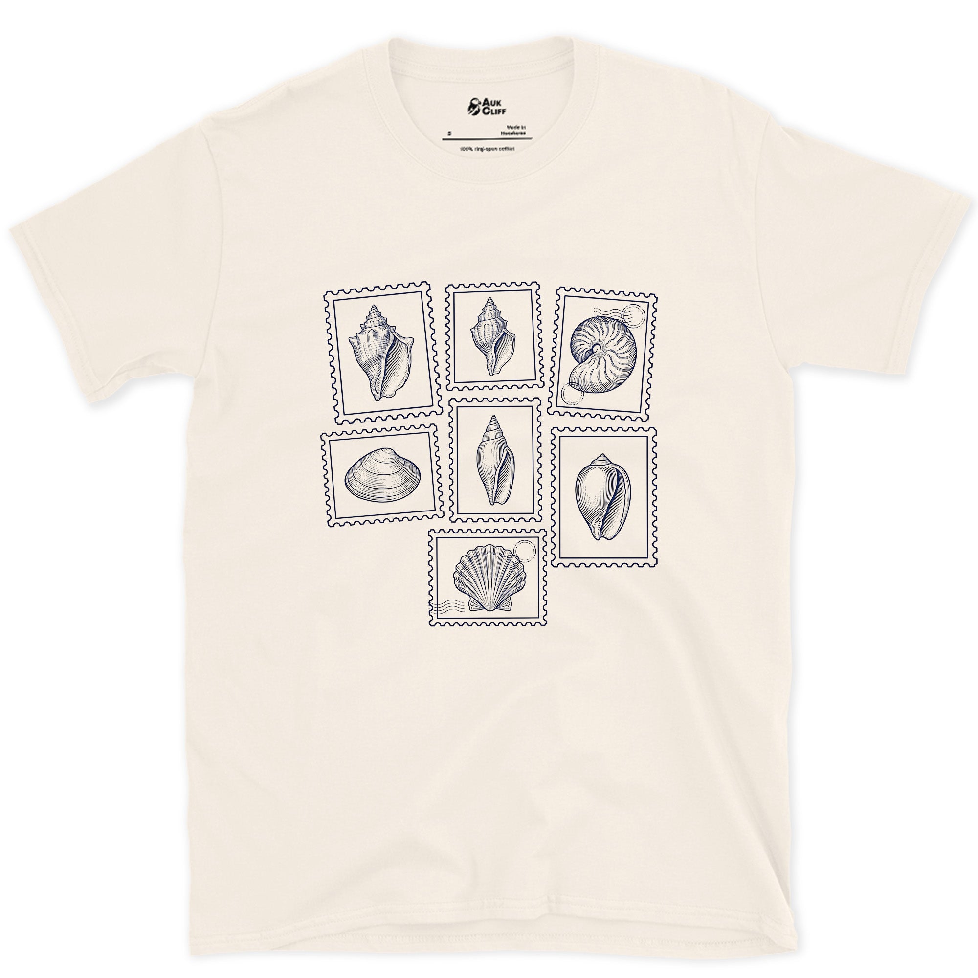 Nautilus, Conch and Scallop, Shell Stamps design on a Natural Gildan Softstyle t-shirt