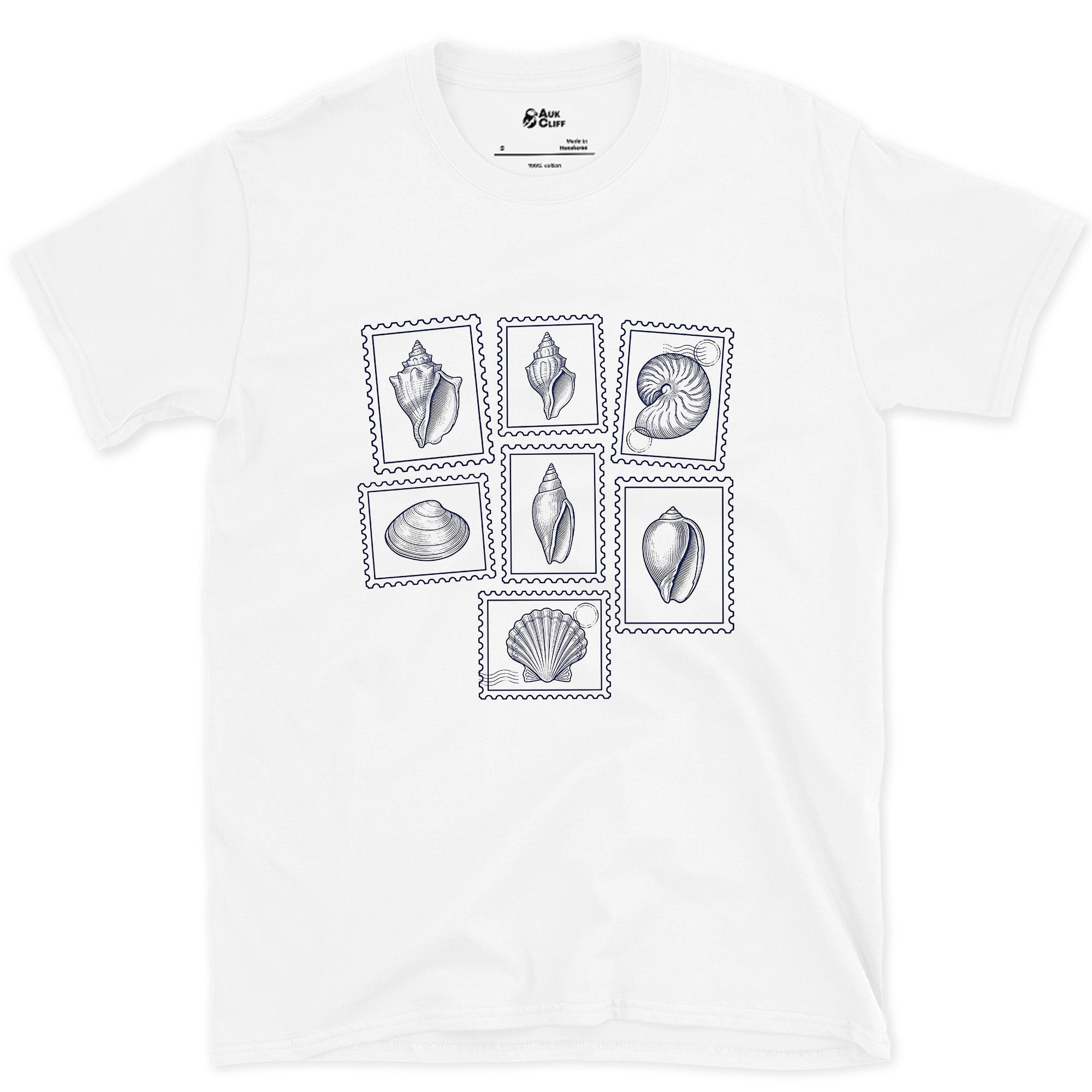 Nautilus, Conch and Scallop, Shell Stamps design on a White Gildan Softstyle t-shirt