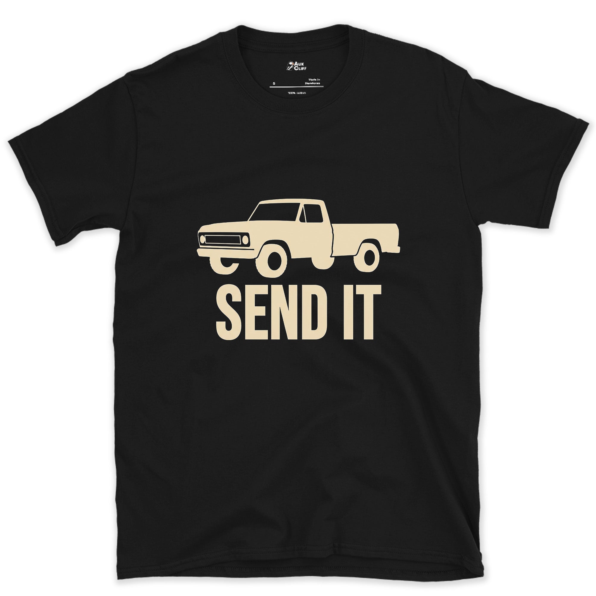 Send It, Empty Bed and Wide Wheels design on a Black Gildan Softstyle t-shirt