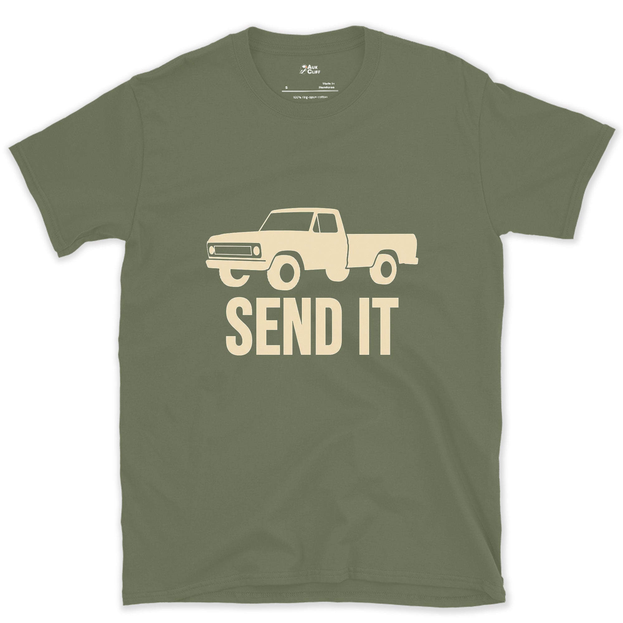 Send It, Empty Bed and Wide Wheels design on a Military Green Gildan Softstyle t-shirt