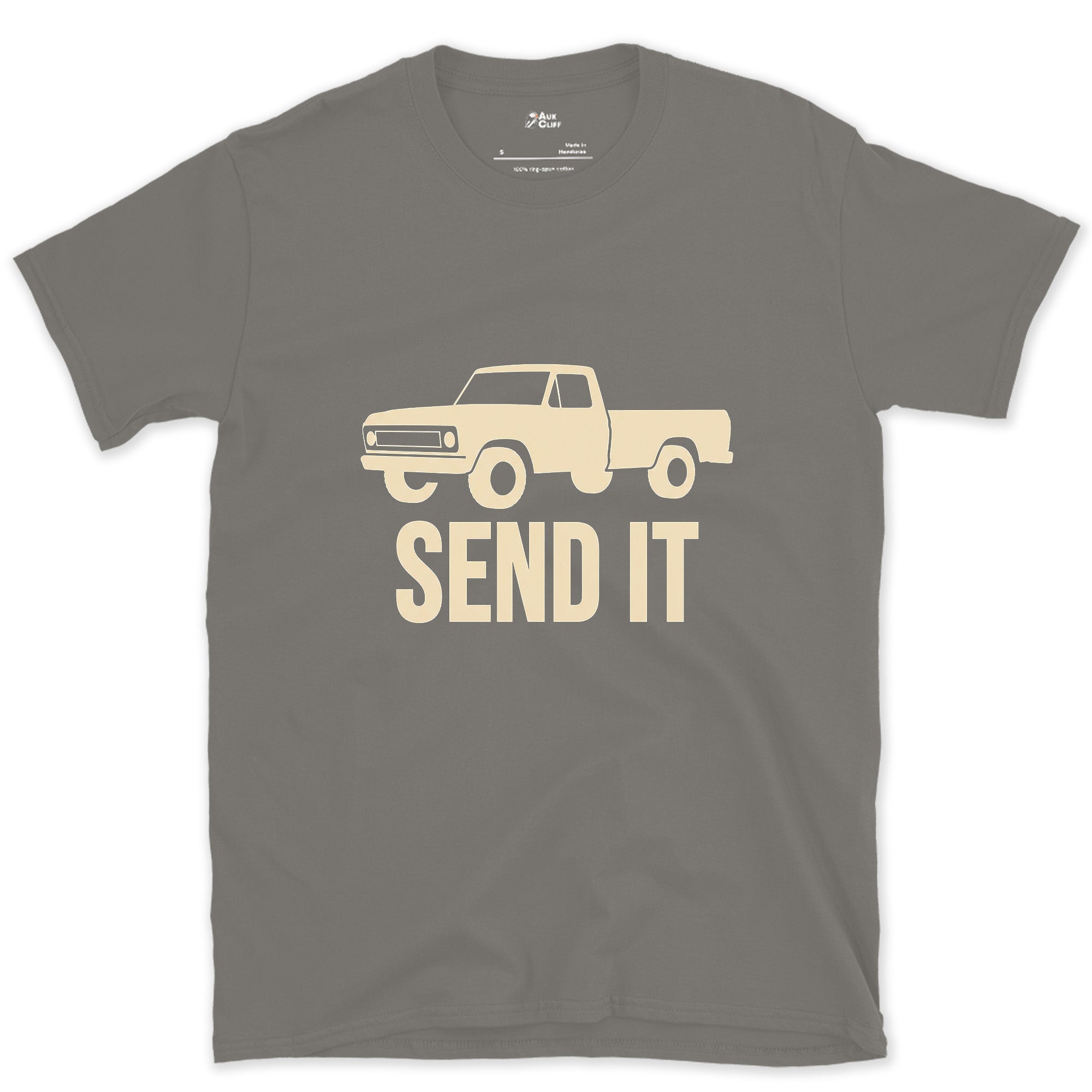 Send It, Empty Bed and Wide Wheels design on a Charcoal Gildan Softstyle t-shirt