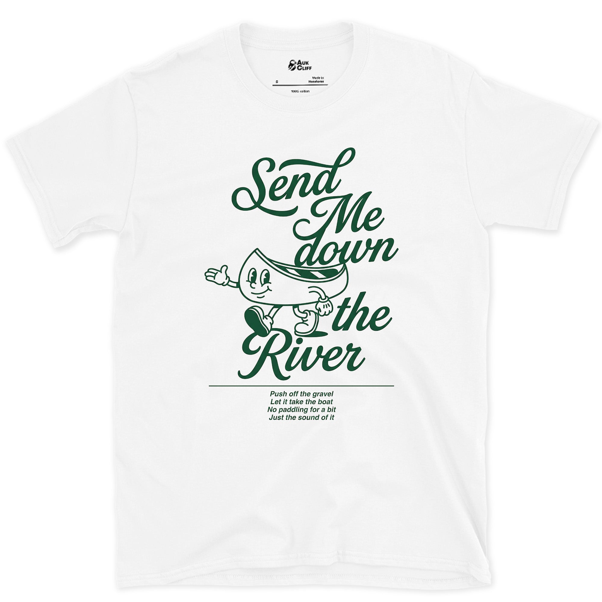 Send Me Down the River design on a White Gildan Softstyle t-shirt
