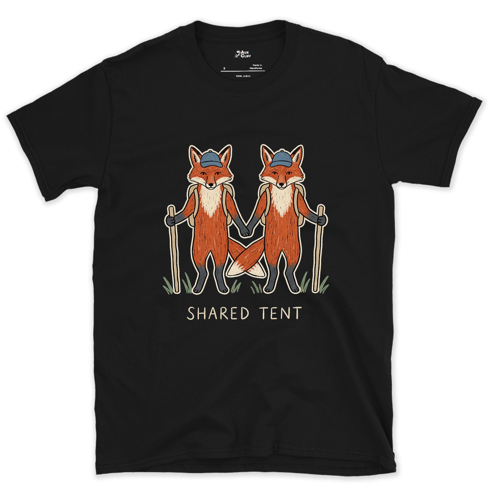 Built for Two, Foxes on the Trail design on a Black Gildan Softstyle t-shirt