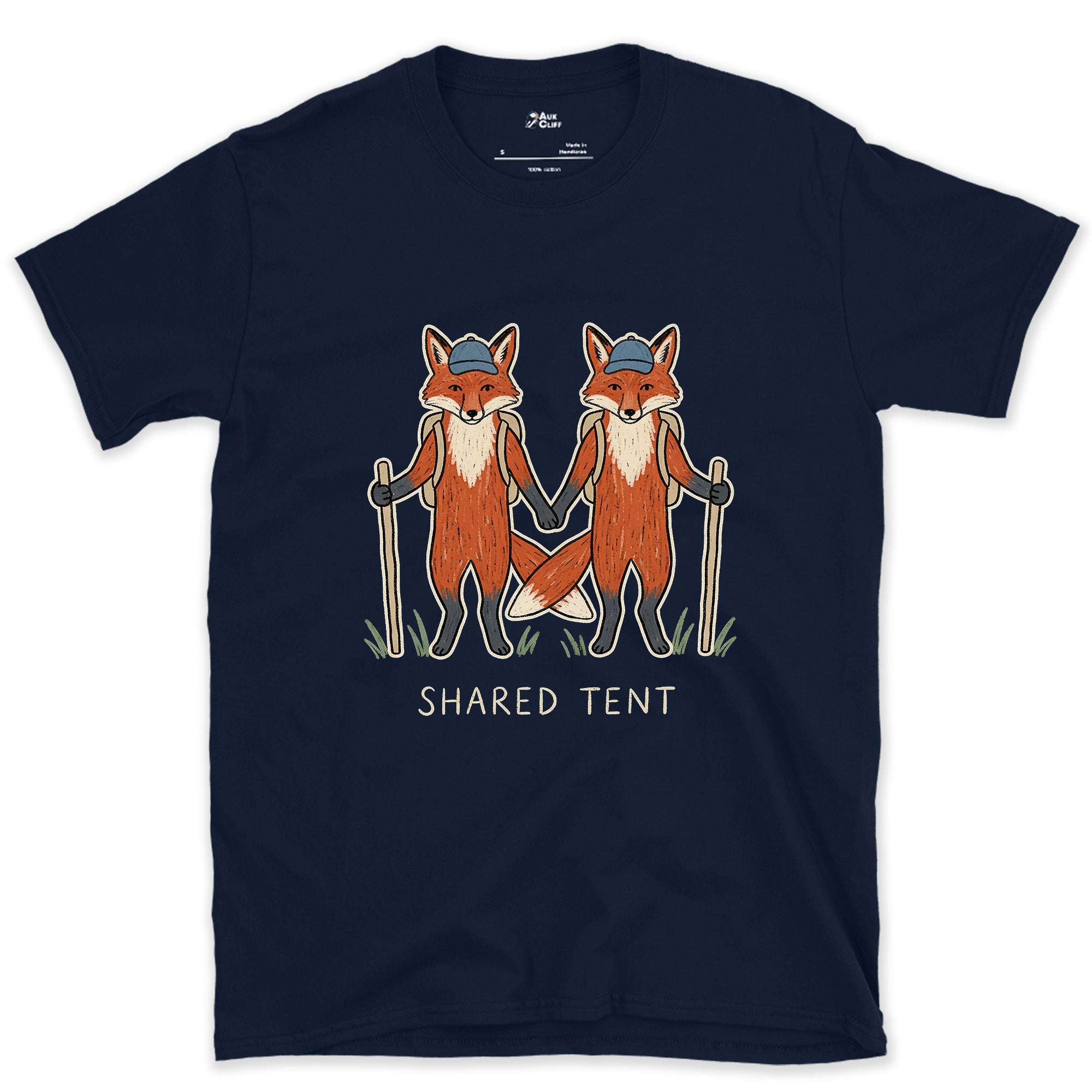 Built for Two, Foxes on the Trail design on a Navy Gildan Softstyle t-shirt