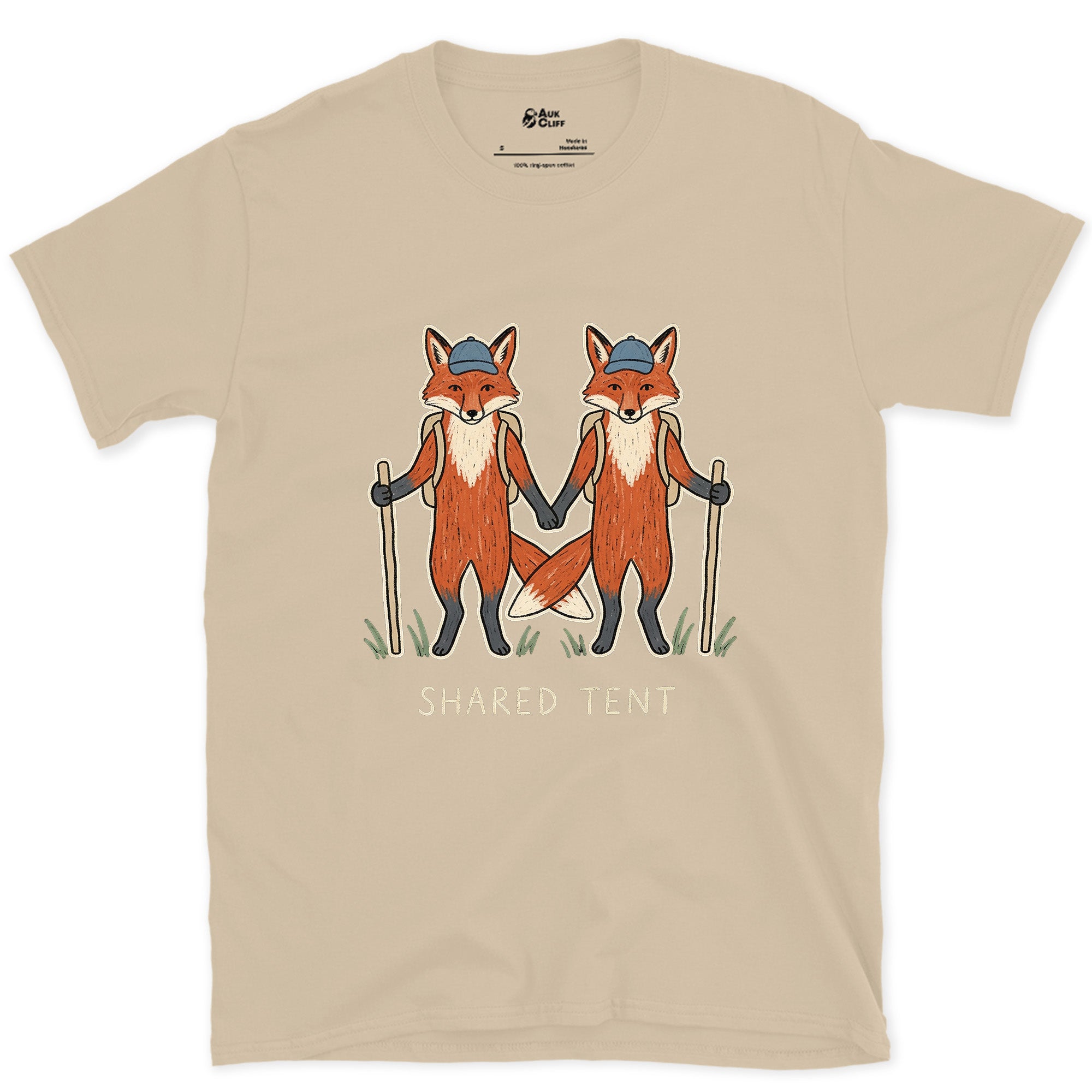 Built for Two, Foxes on the Trail design on a Sand Gildan Softstyle t-shirt