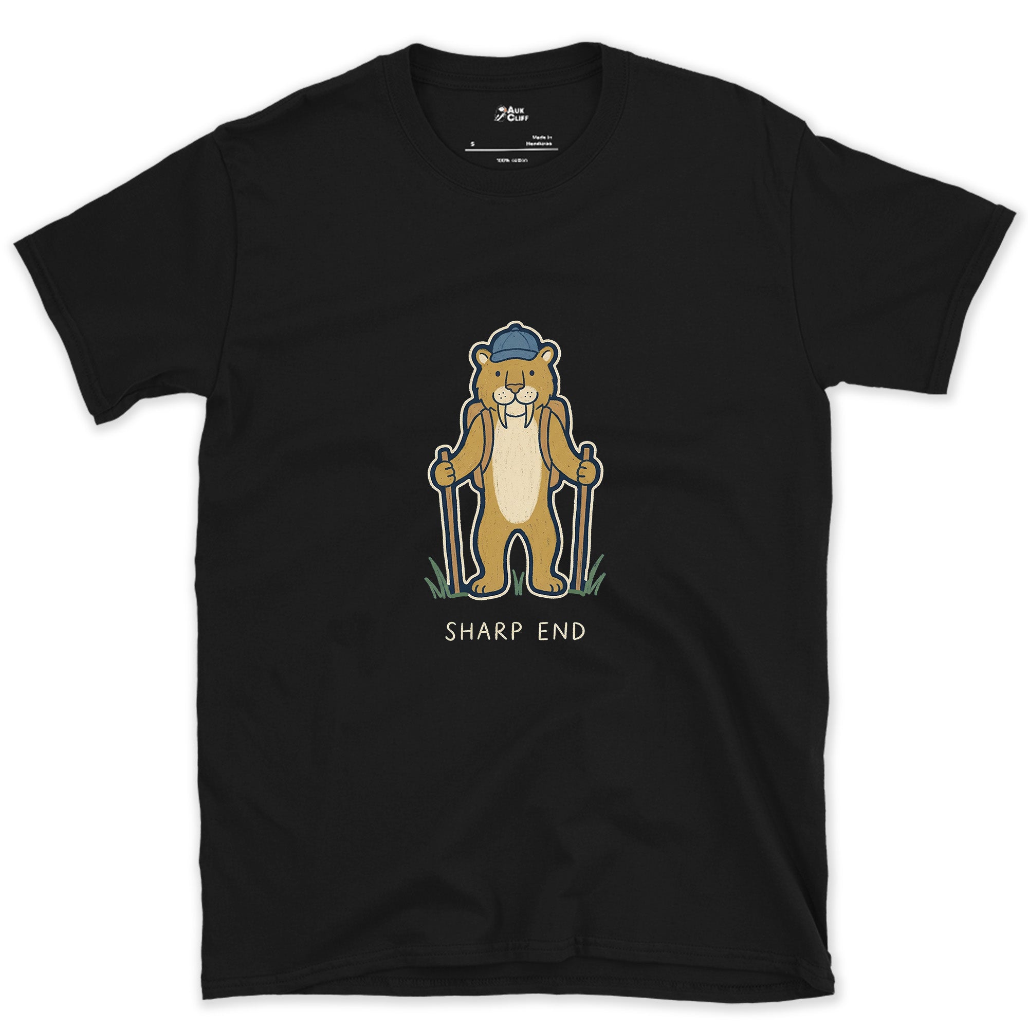 Sharp End, Sabretooth Hiker design on a Black Gildan Softstyle t-shirt
