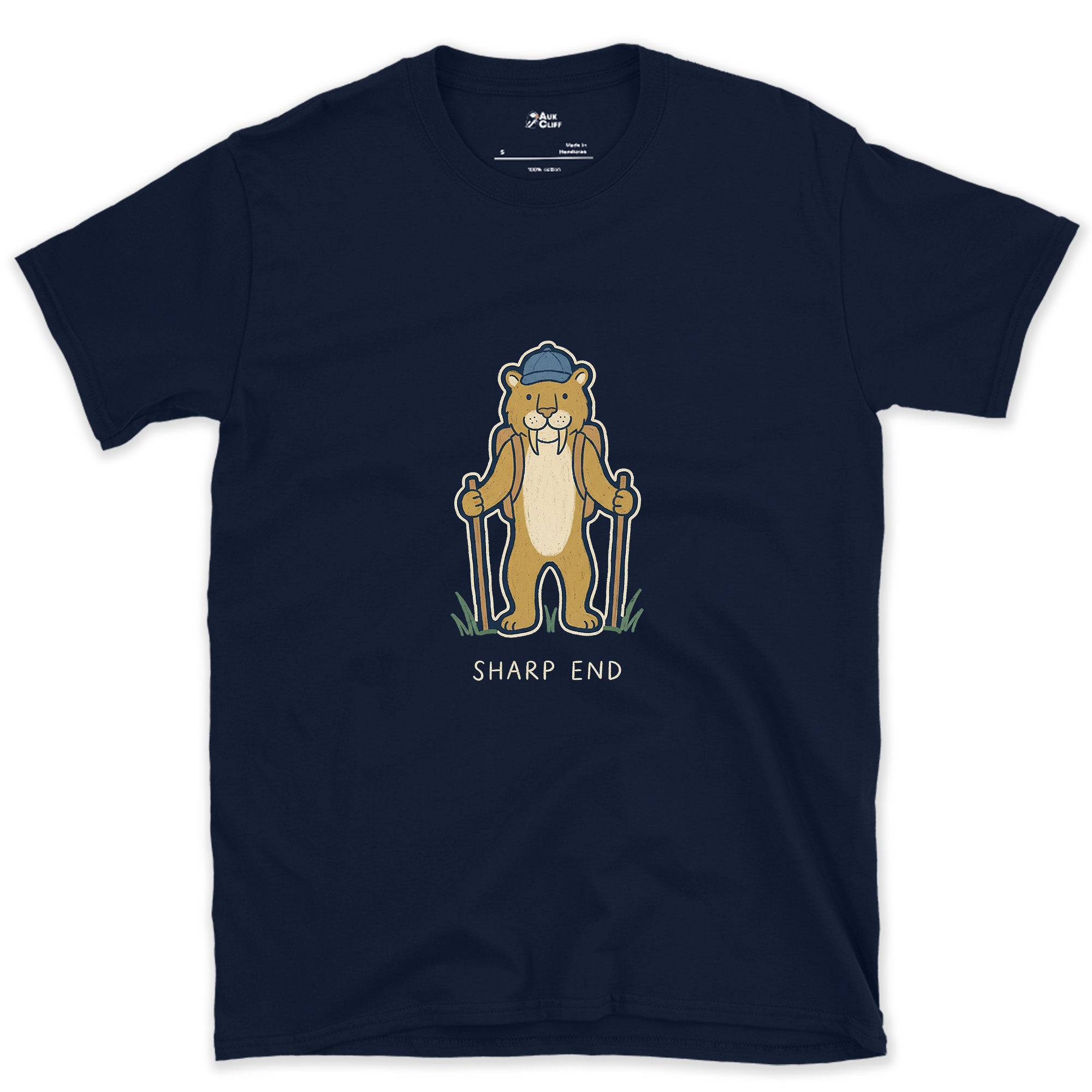 Sharp End, Sabretooth Hiker design on a Navy Gildan Softstyle t-shirt