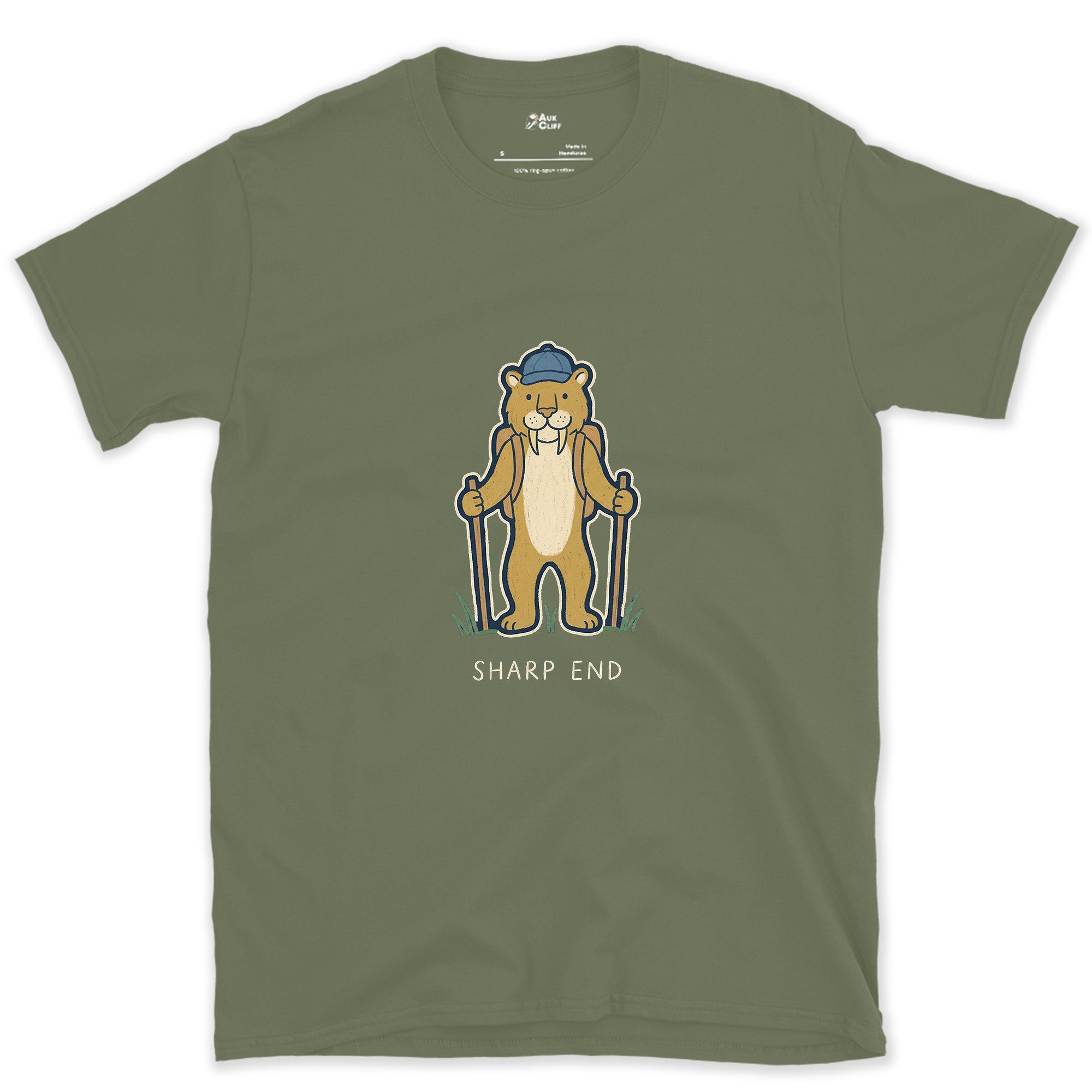 Sharp End, Sabretooth Hiker design on a Military Green Gildan Softstyle t-shirt