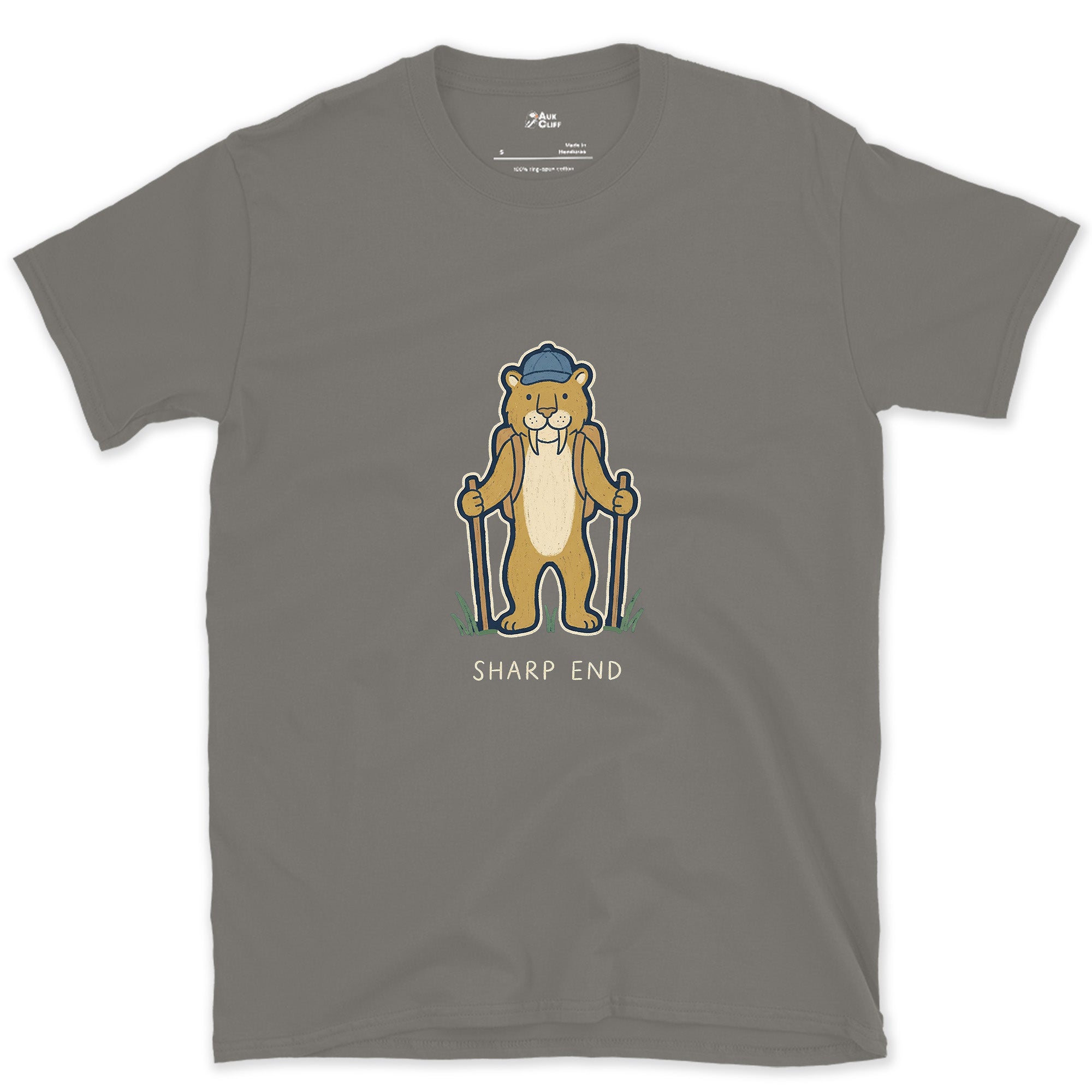Sharp End, Sabretooth Hiker design on a Charcoal Gildan Softstyle t-shirt
