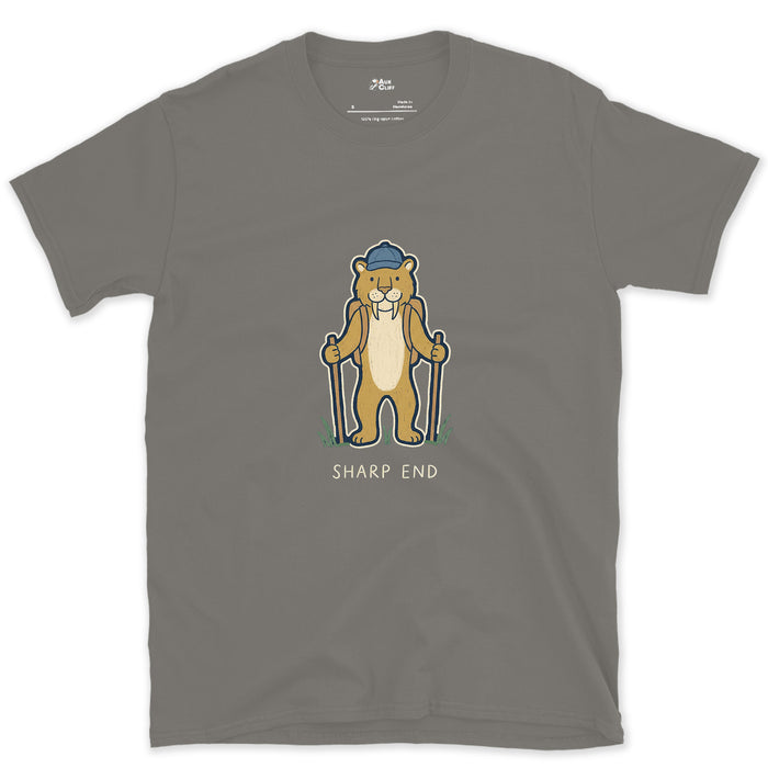 Sharp End, Sabretooth Hiker design on a Charcoal Gildan Softstyle t-shirt