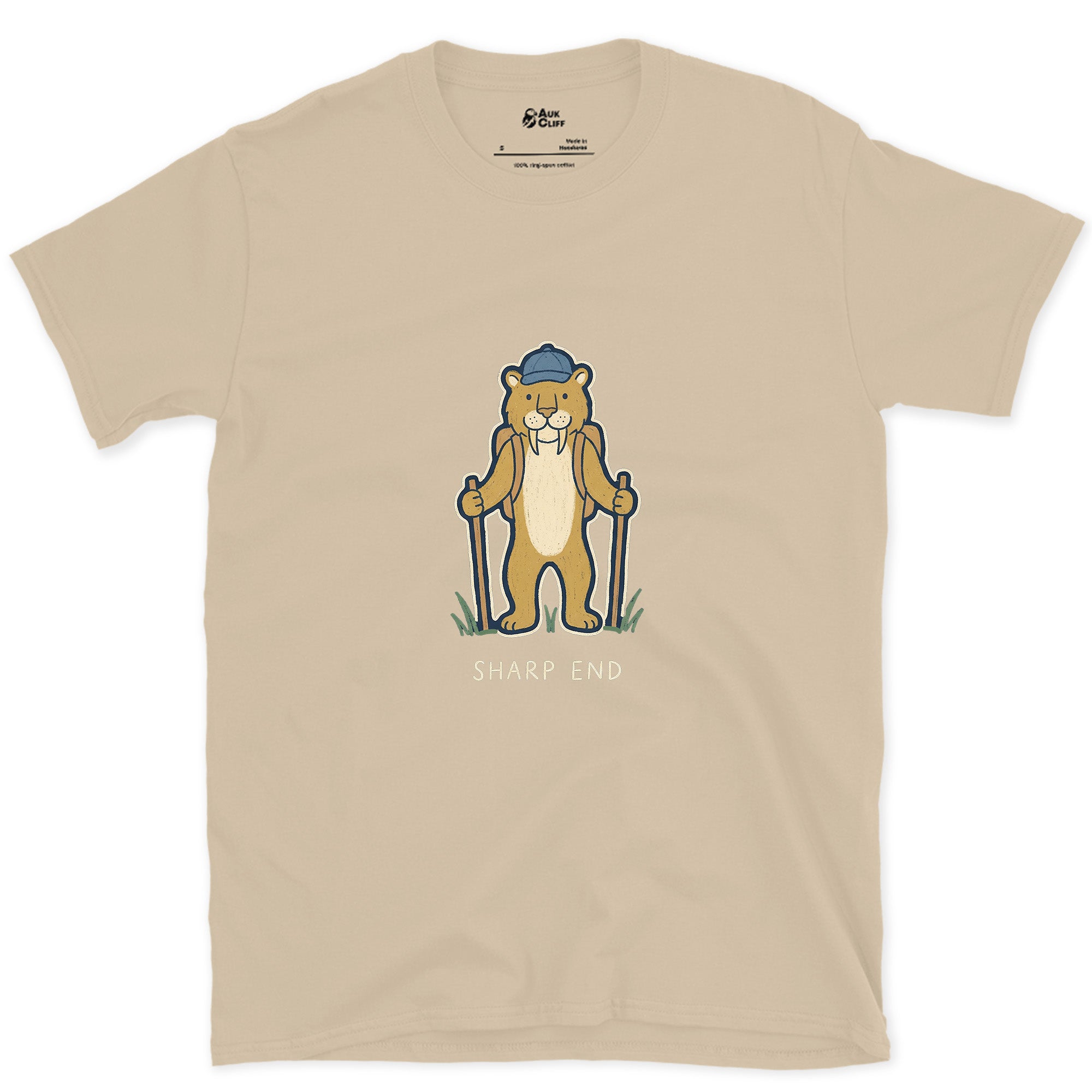 Sharp End, Sabretooth Hiker design on a Sand Gildan Softstyle t-shirt