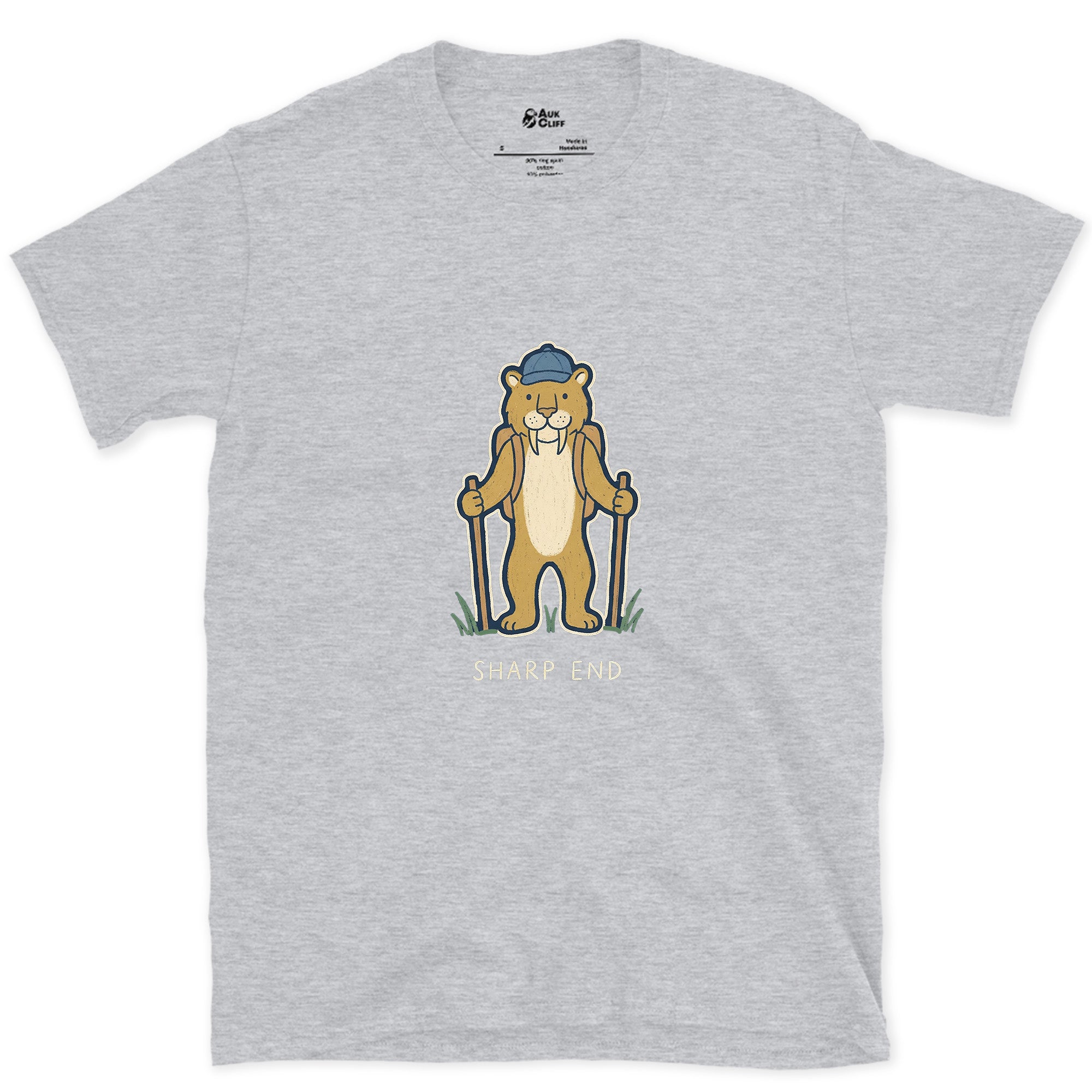 Sharp End, Sabretooth Hiker design on a Sport Grey Gildan Softstyle t-shirt