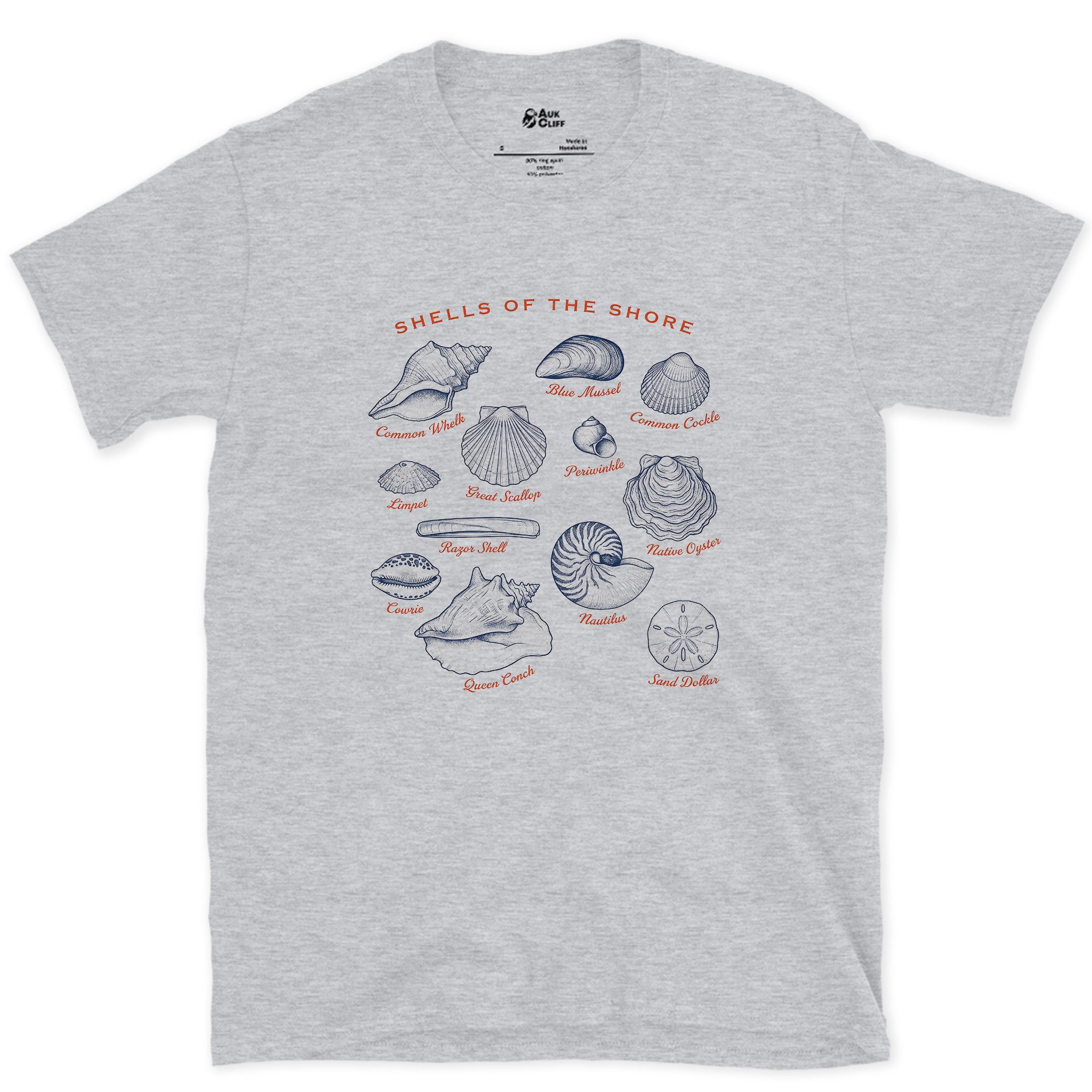 Shells of the Shore, Thirteen Specimens design on a Sport Grey Gildan Softstyle t-shirt