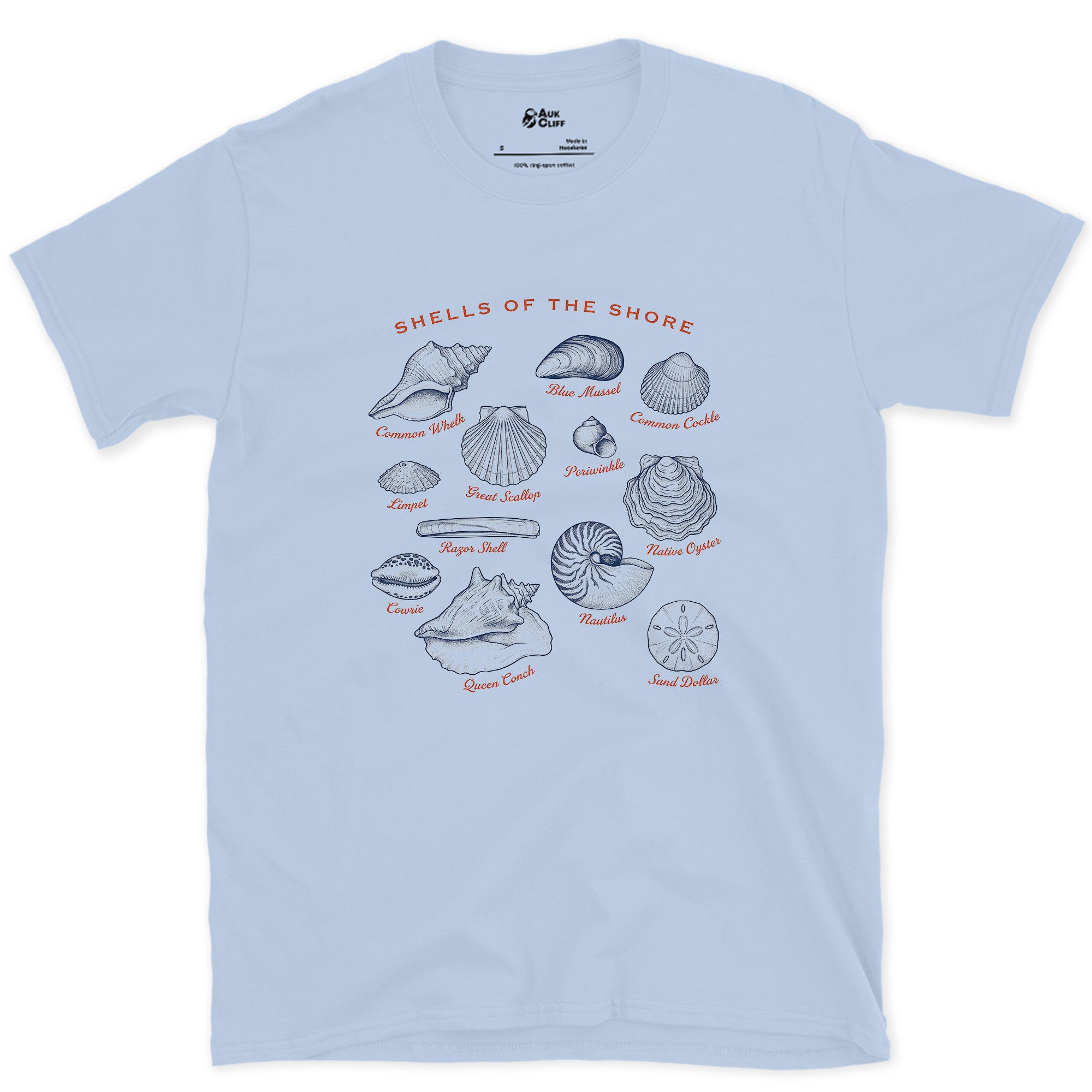 Shells of the Shore, Thirteen Specimens design on a Light Blue Gildan Softstyle t-shirt