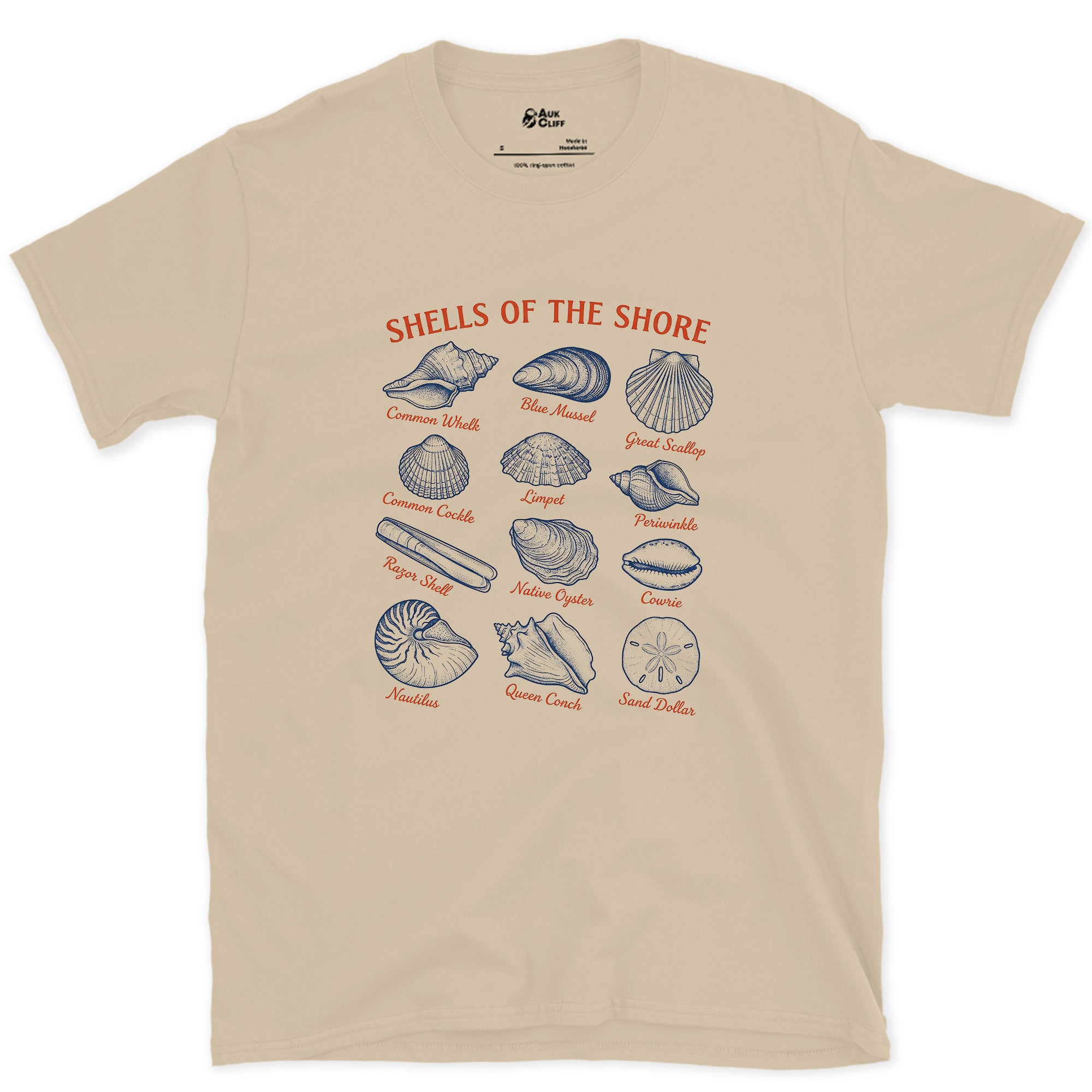 Thirteen Shells of the Shore design on a Sand Gildan Softstyle t-shirt