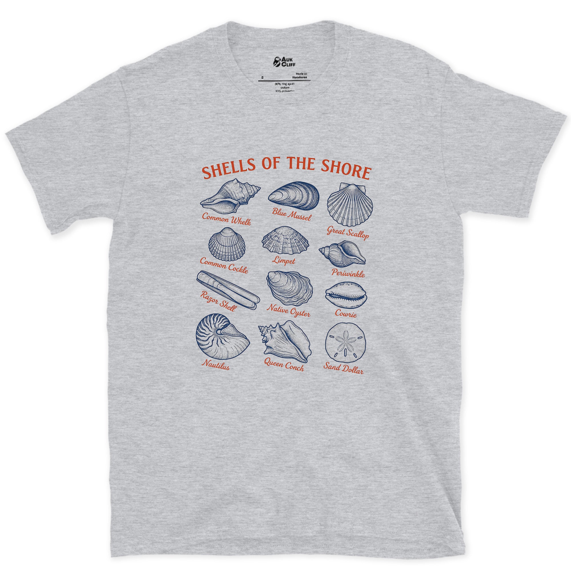Thirteen Shells of the Shore design on a Sport Grey Gildan Softstyle t-shirt