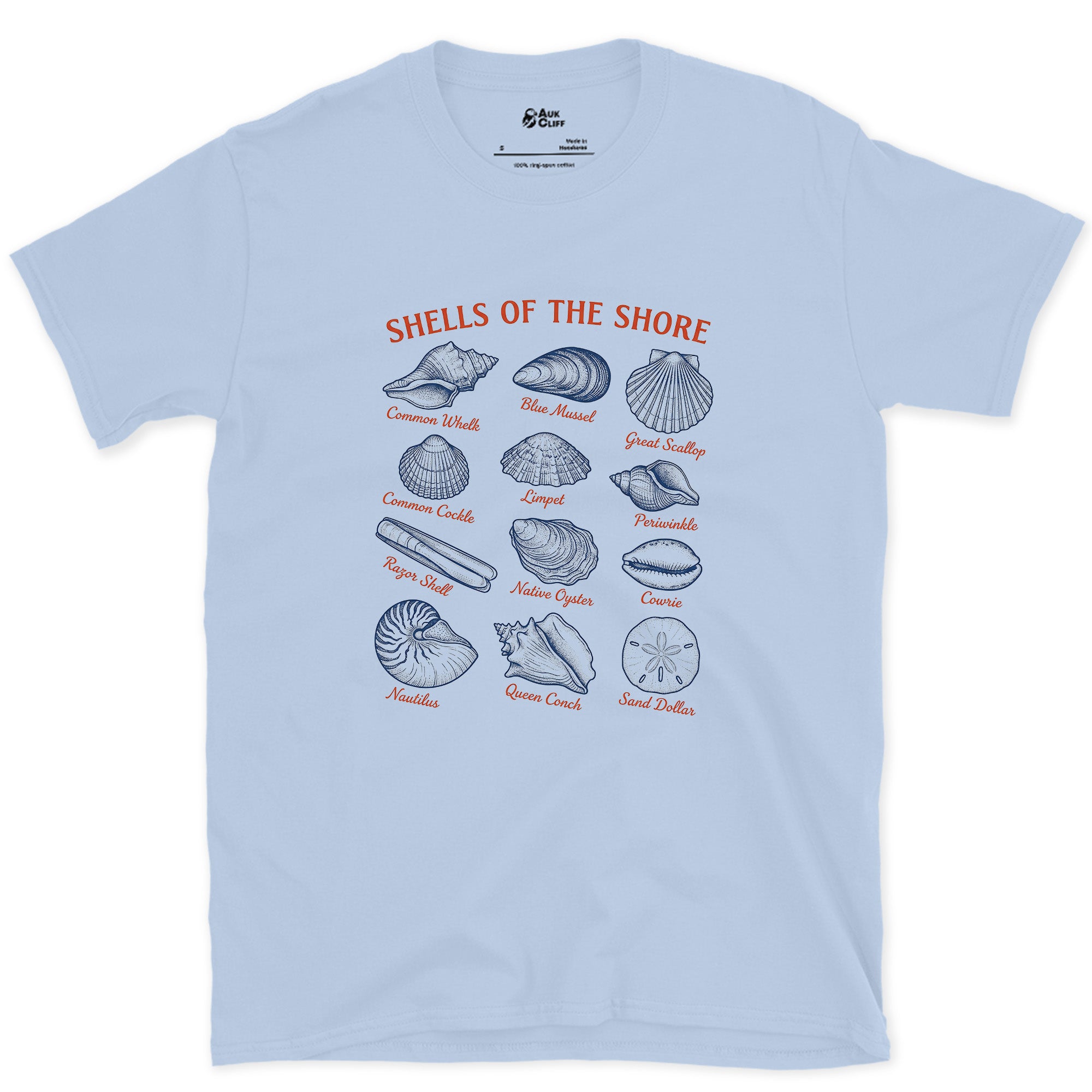 Thirteen Shells of the Shore design on a Light Blue Gildan Softstyle t-shirt