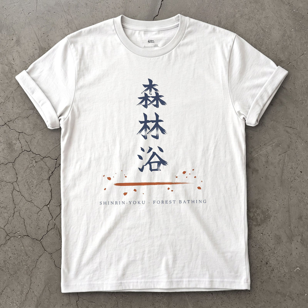 Shinrin Yoku in Japanese design on a White Gildan Softstyle t-shirt