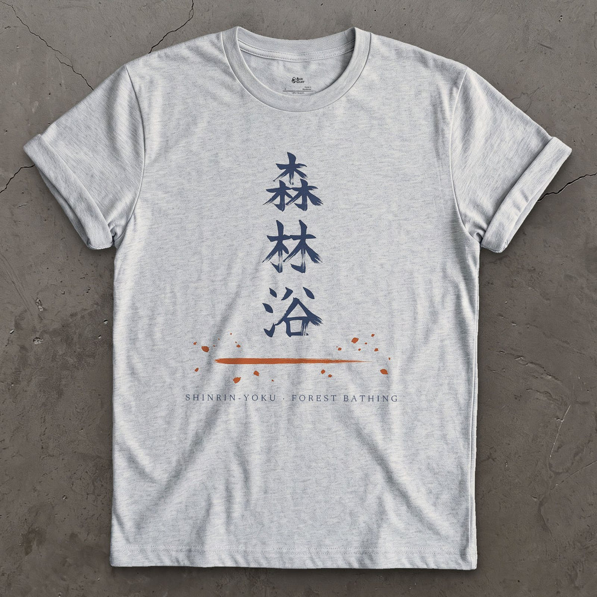 Shinrin Yoku in Japanese design on a Sport Grey Gildan Softstyle t-shirt