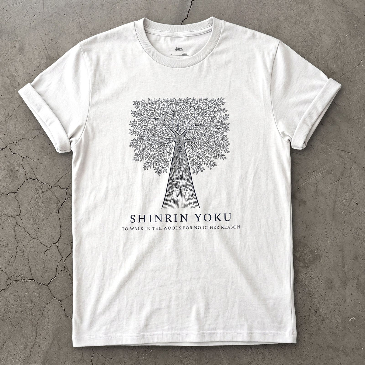 Shinrin Yoku, to Walk in the Woods for No Other Reason design on a White Gildan Softstyle t-shirt