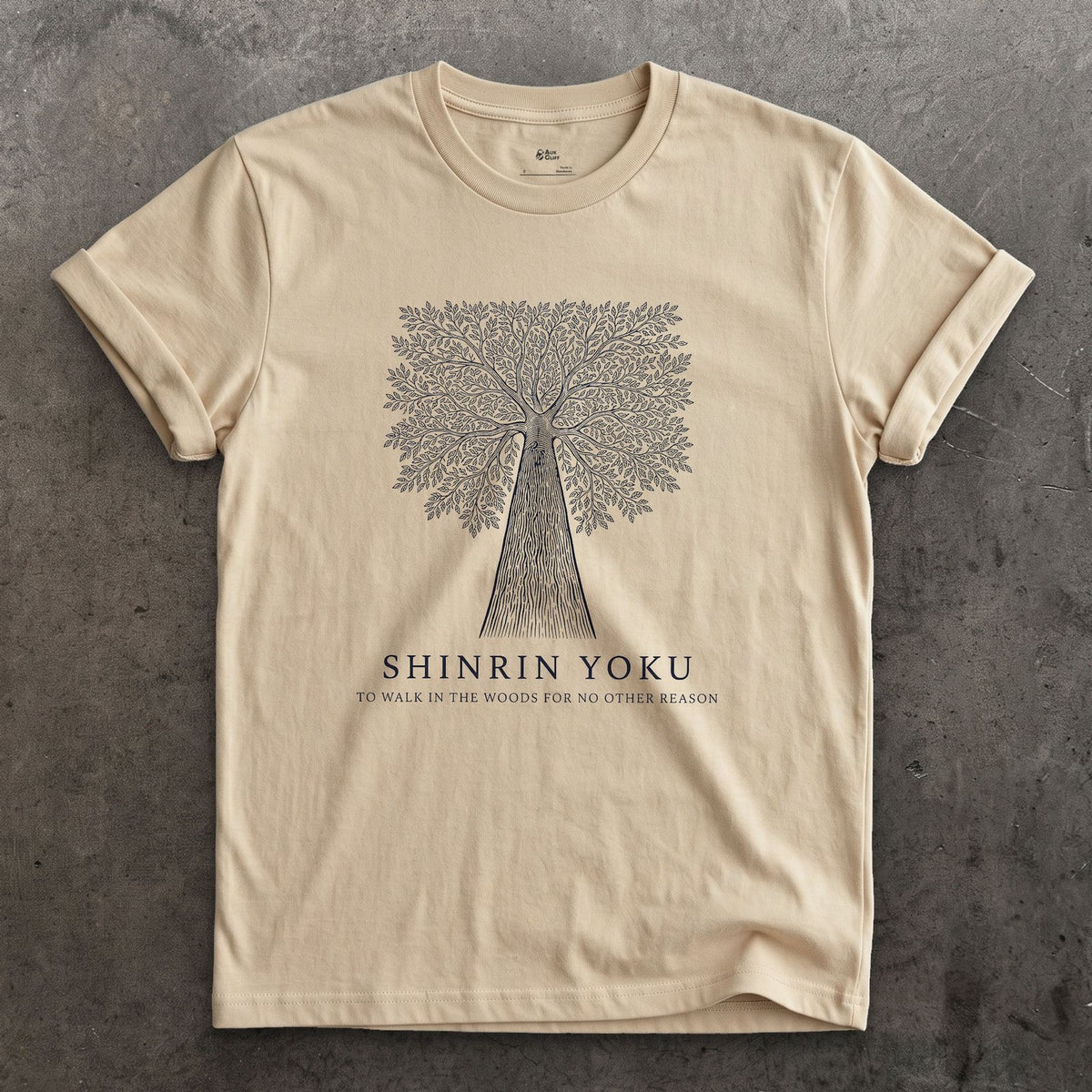 Shinrin Yoku, to Walk in the Woods for No Other Reason design on a Sand Gildan Softstyle t-shirt
