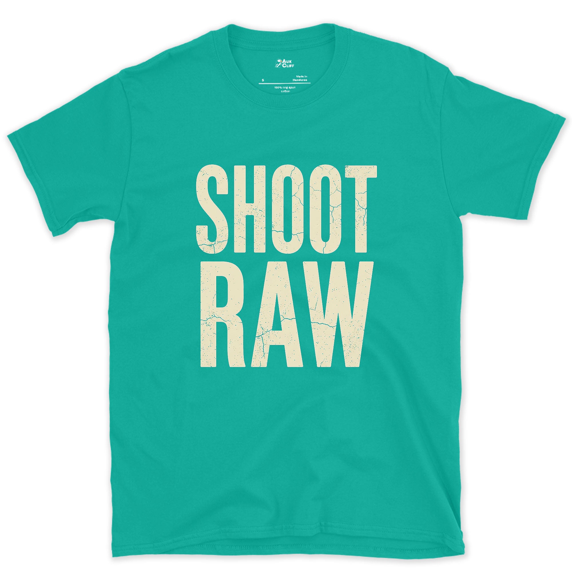 Shoot Raw, the Only Camera Setting design on a Jade Dome Gildan Softstyle t-shirt