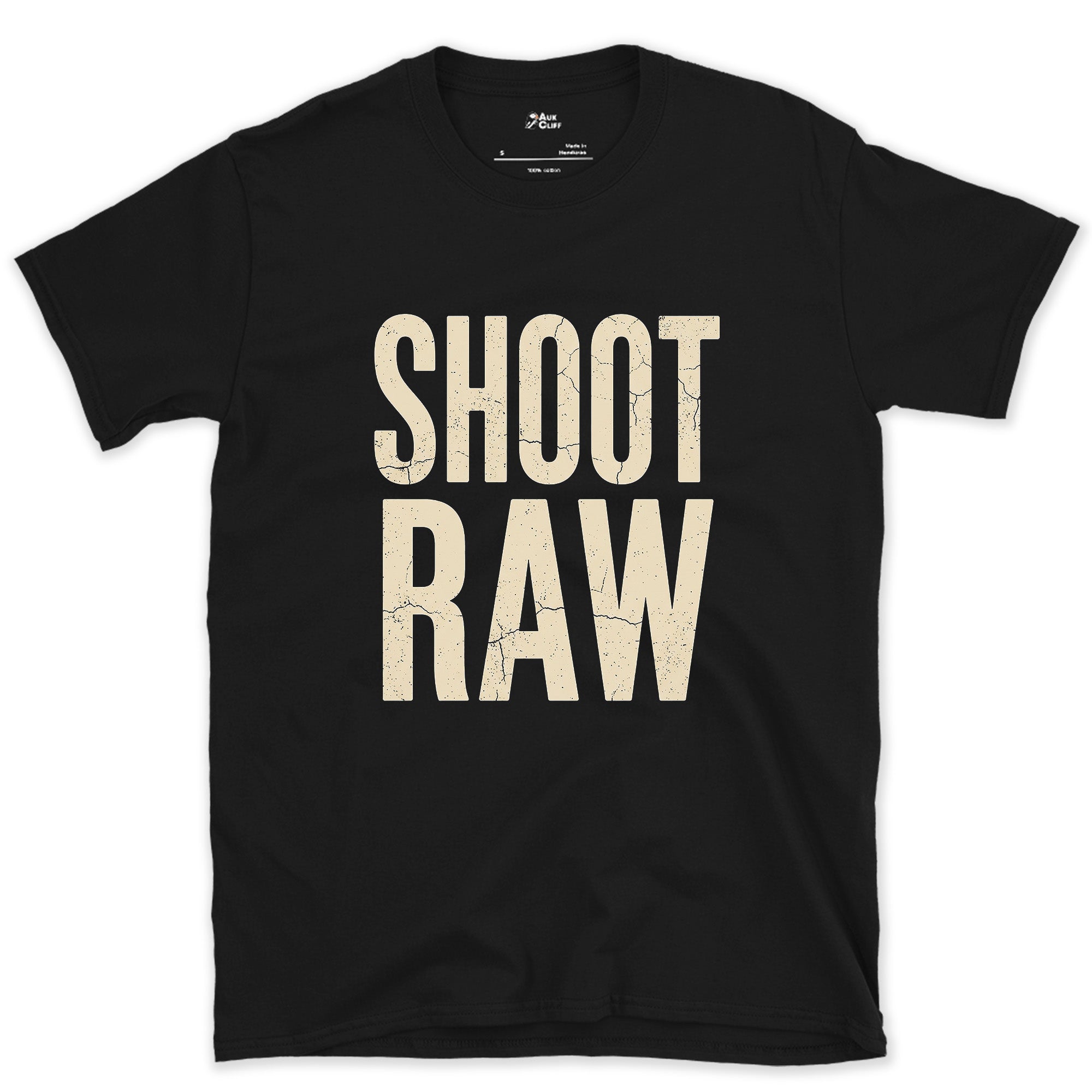 Shoot Raw, the Only Camera Setting design on a Black Gildan Softstyle t-shirt