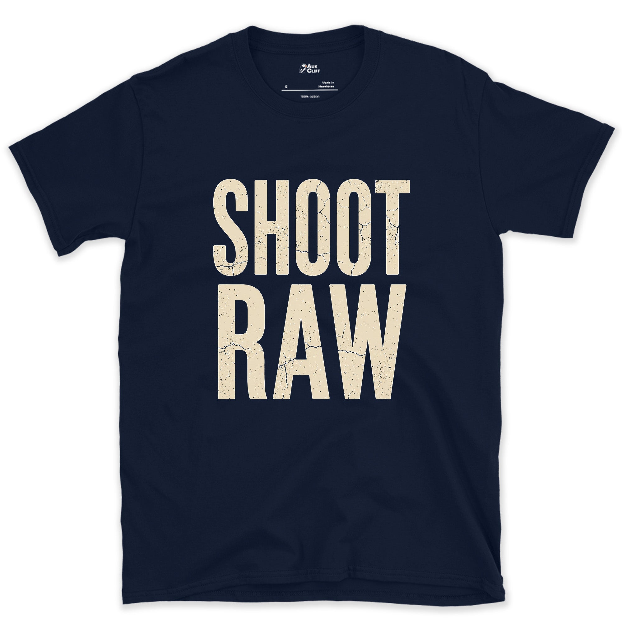 Shoot Raw, the Only Camera Setting design on a Navy Gildan Softstyle t-shirt