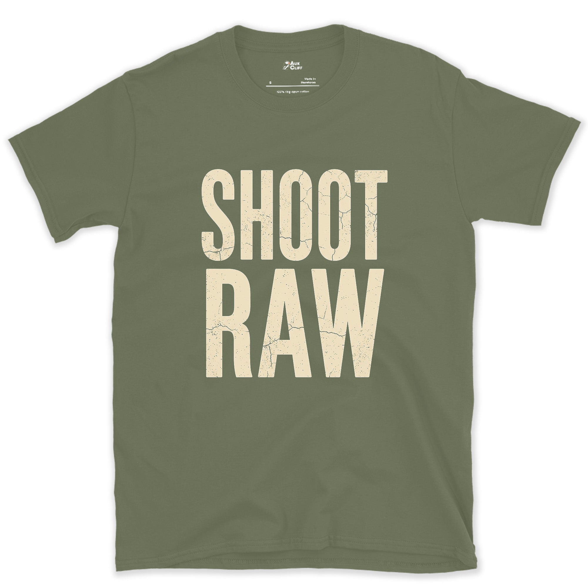 Shoot Raw, the Only Camera Setting design on a Military Green Gildan Softstyle t-shirt