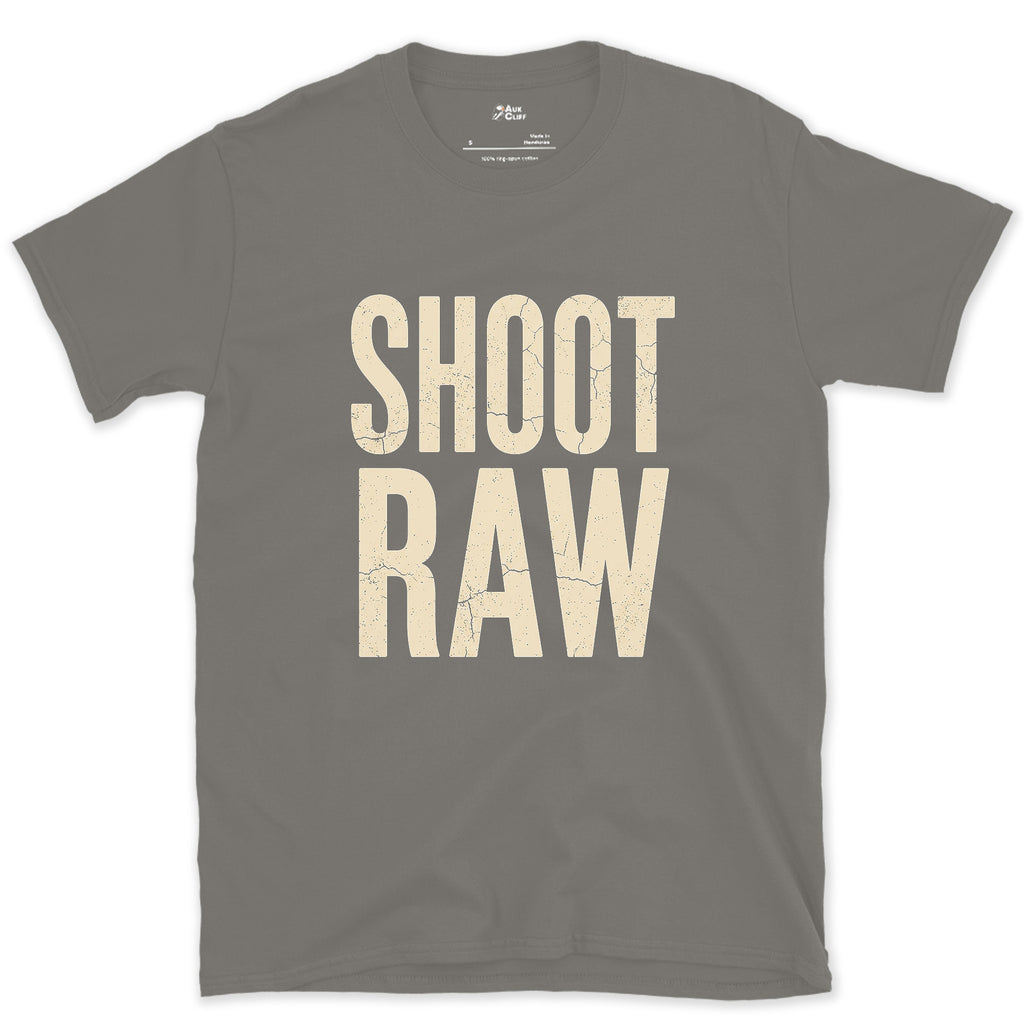 Shoot Raw, the Only Camera Setting design on a Charcoal Gildan Softstyle t-shirt