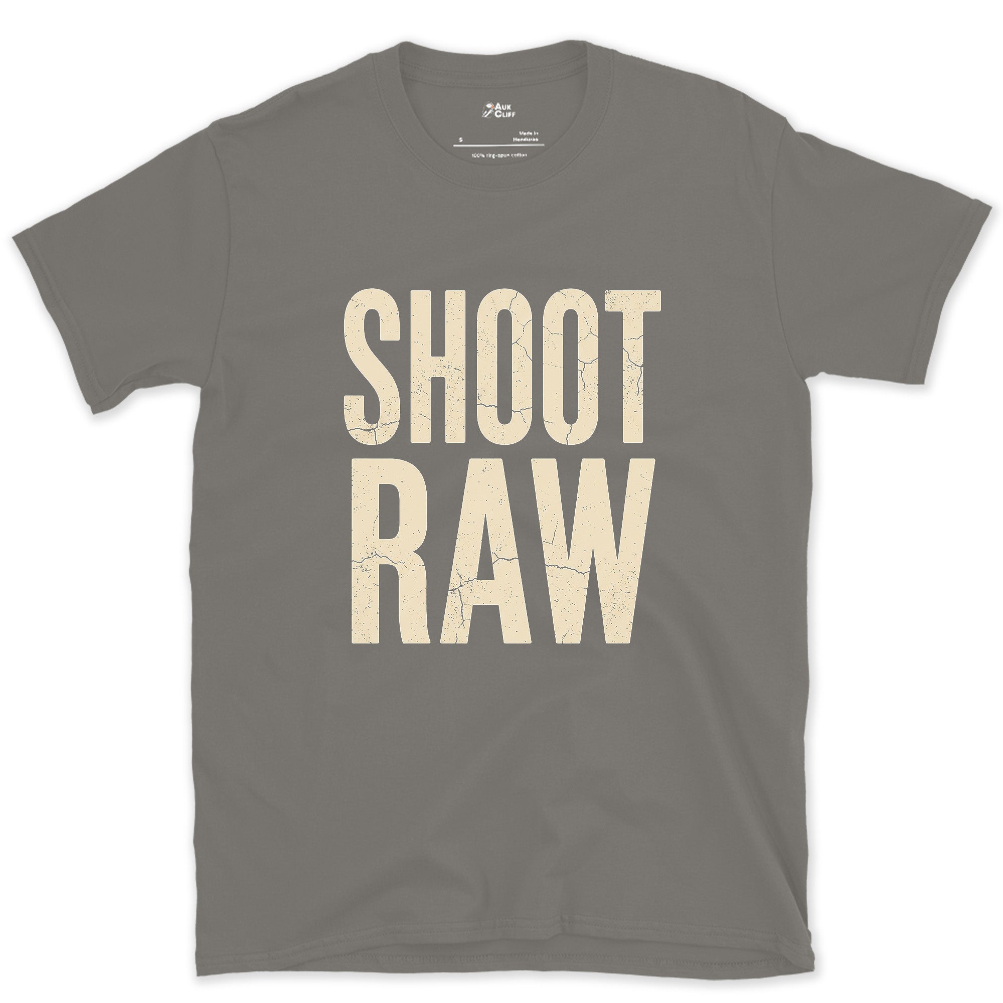 Shoot Raw, the Only Camera Setting design on a Charcoal Gildan Softstyle t-shirt