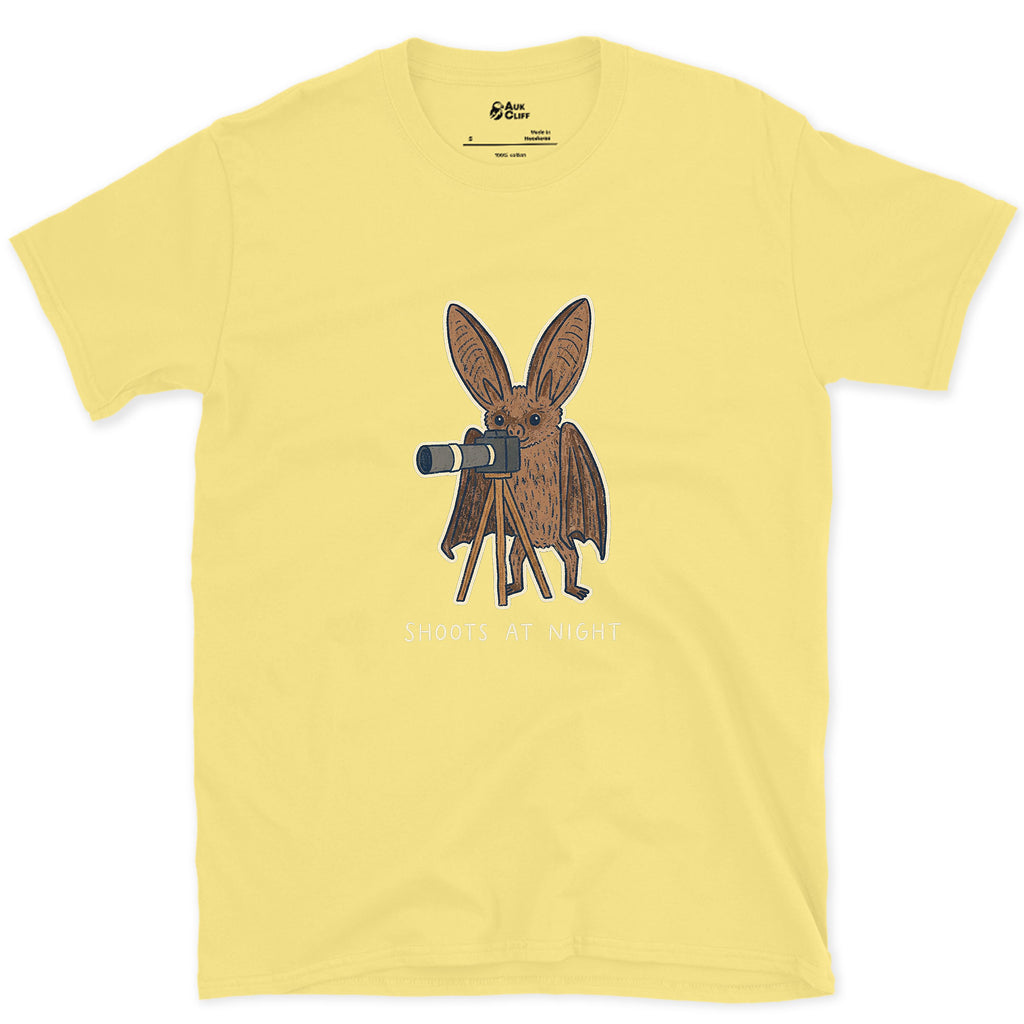 Bat Shoots at Night design on a Cornsilk Gildan Softstyle t-shirt
