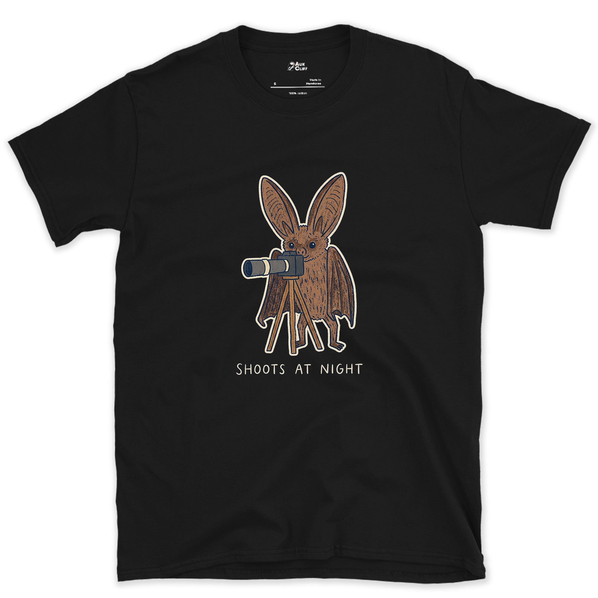 Bat Shoots at Night design on a Black Gildan Softstyle t-shirt