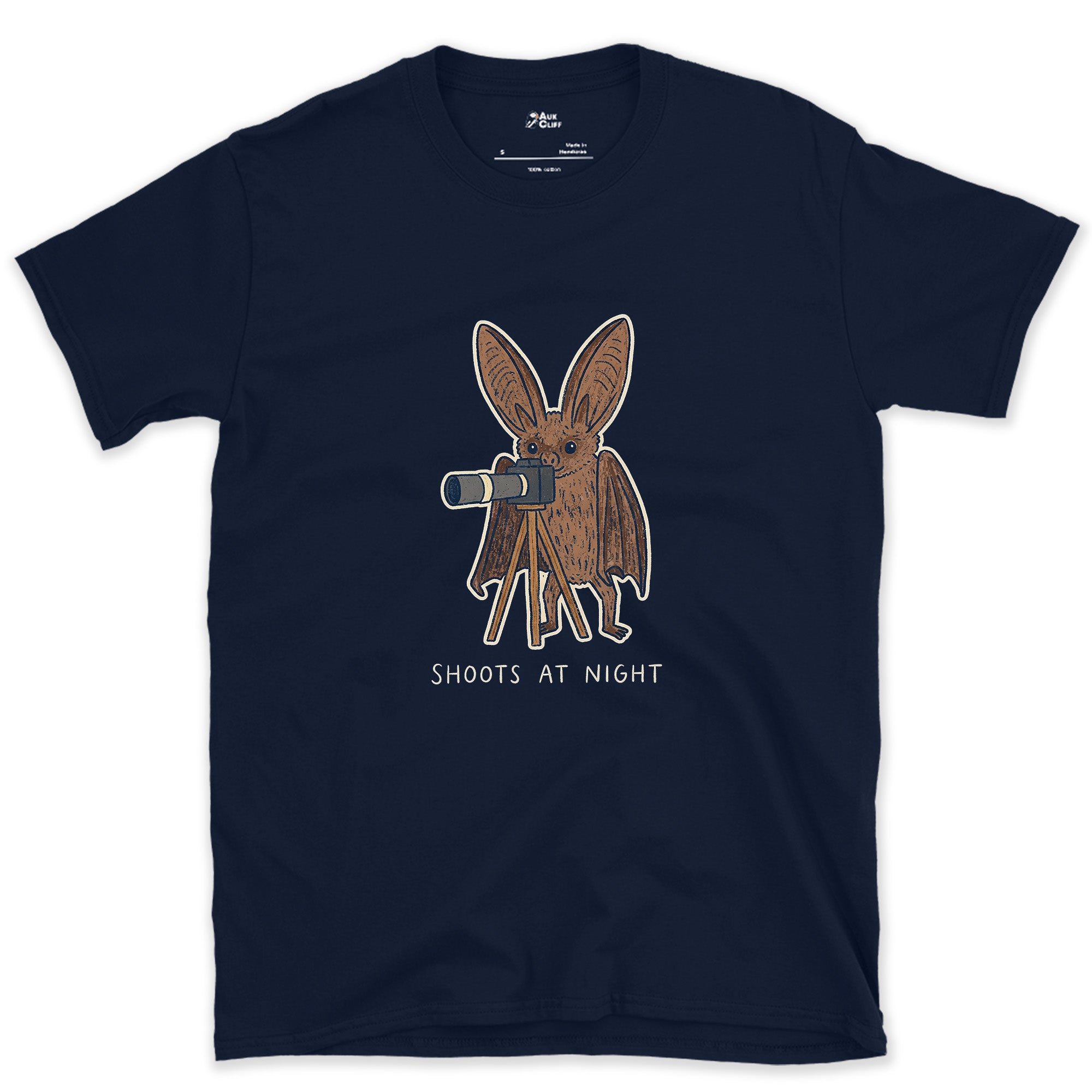 Bat Shoots at Night design on a Navy Gildan Softstyle t-shirt