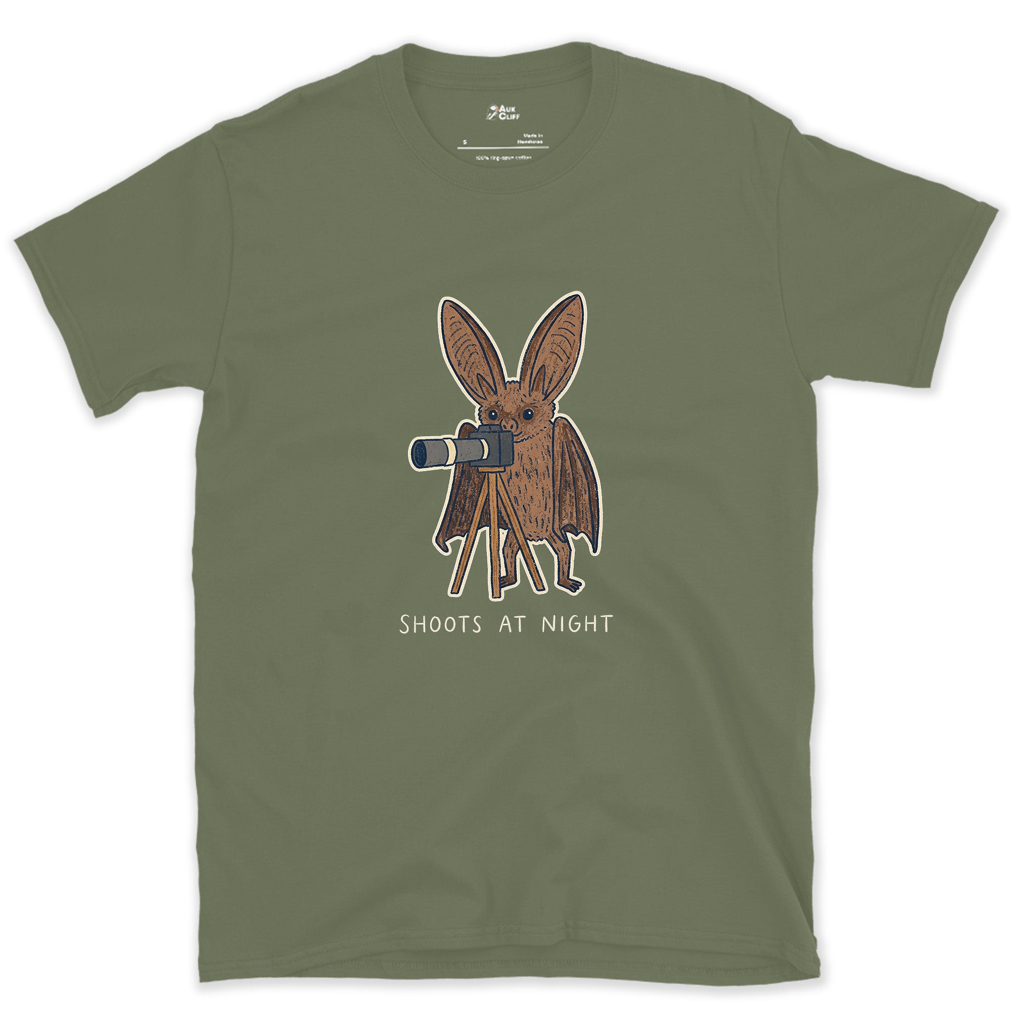 Bat Shoots at Night design on a Military Green Gildan Softstyle t-shirt