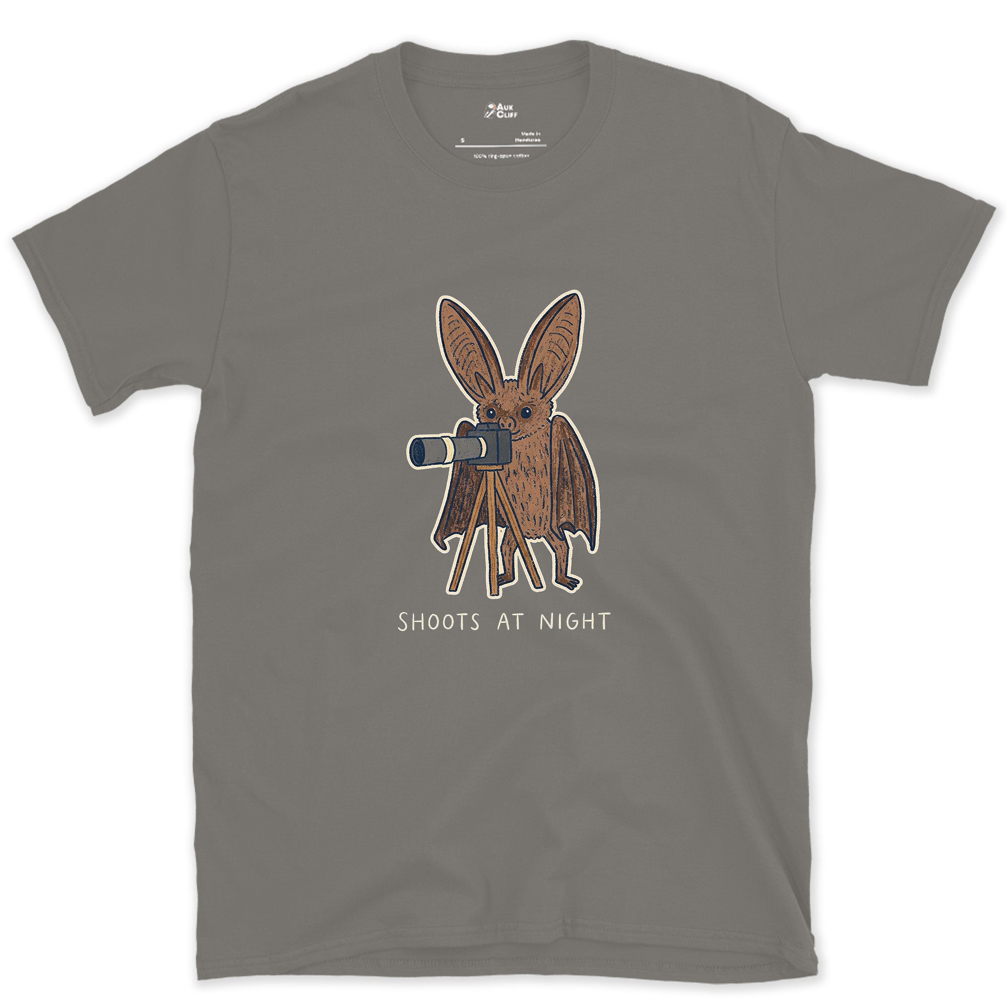 Bat Shoots at Night design on a Charcoal Gildan Softstyle t-shirt