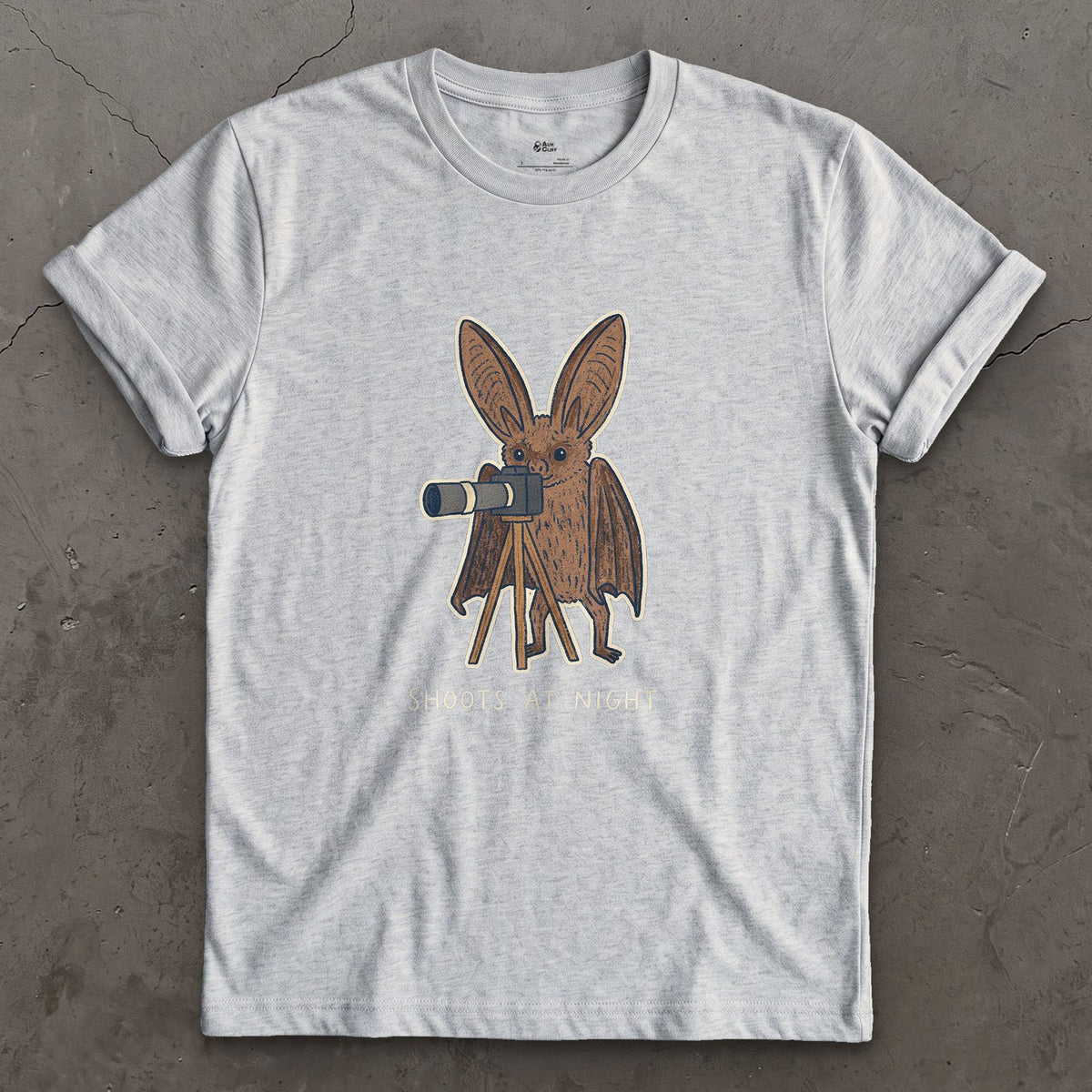 Bat Shoots at Night design on a Sport Grey Gildan Softstyle t-shirt