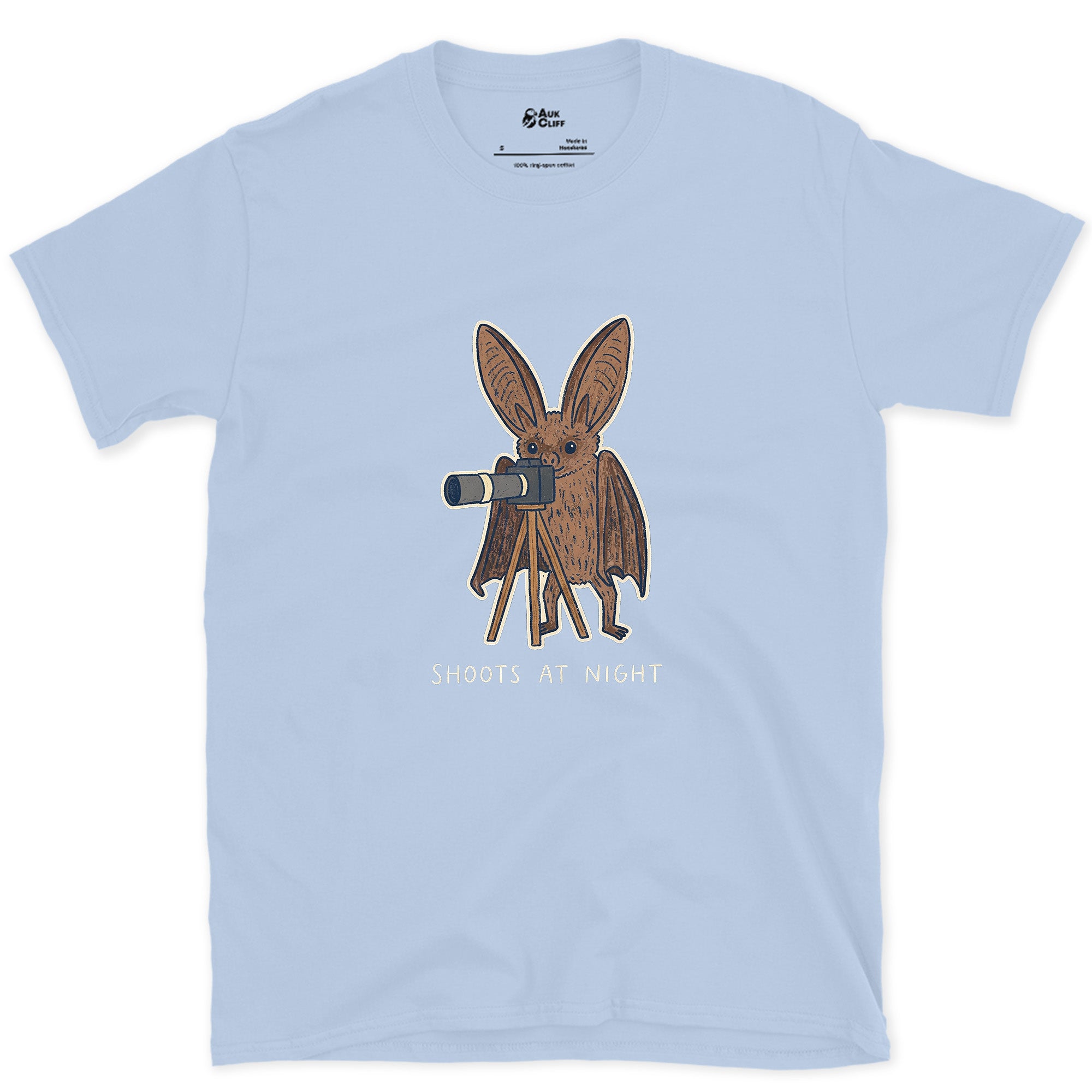 Bat Shoots at Night design on a Light Blue Gildan Softstyle t-shirt