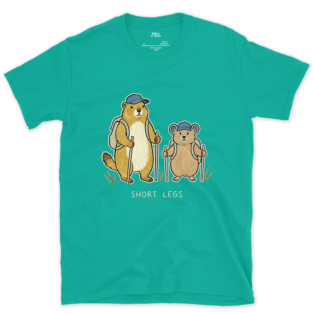 Short Legs, Marmot and Pika Hiking design on a Jade Dome Gildan Softstyle t-shirt