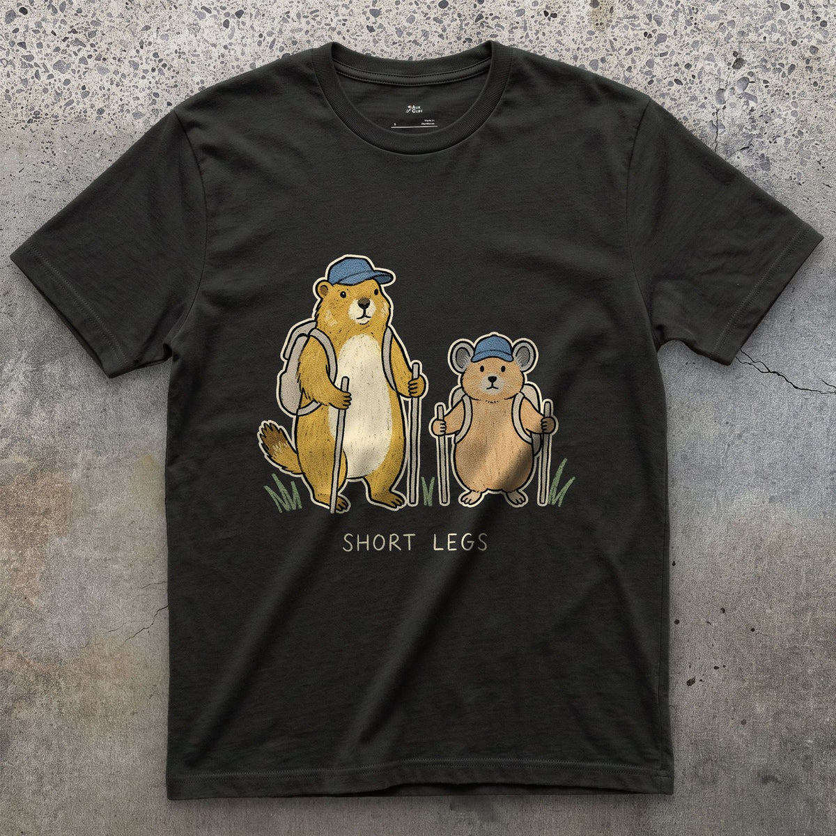 Short Legs, Marmot and Pika Hiking design on a Black Gildan Softstyle t-shirt