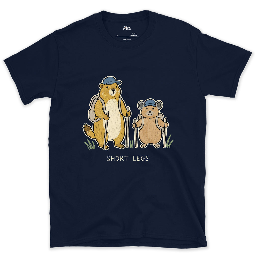 Short Legs, Marmot and Pika Hiking design on a Navy Gildan Softstyle t-shirt