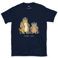 Short Legs, Marmot and Pika Hiking design on a Navy Gildan Softstyle t-shirt
