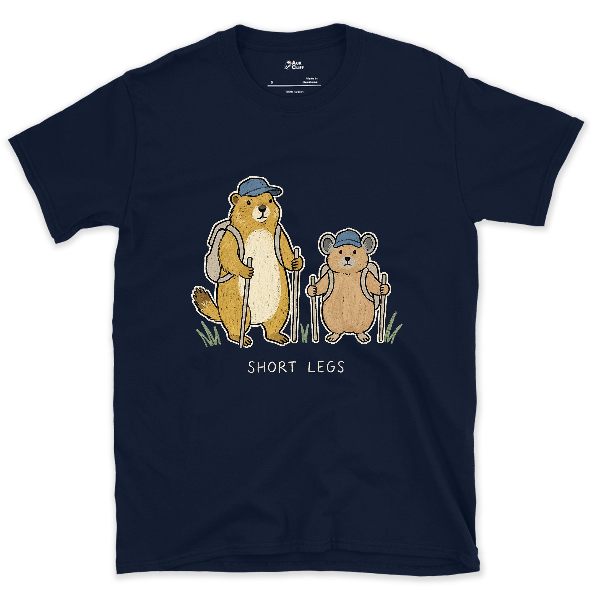 Short Legs, Marmot and Pika Hiking design on a Navy Gildan Softstyle t-shirt