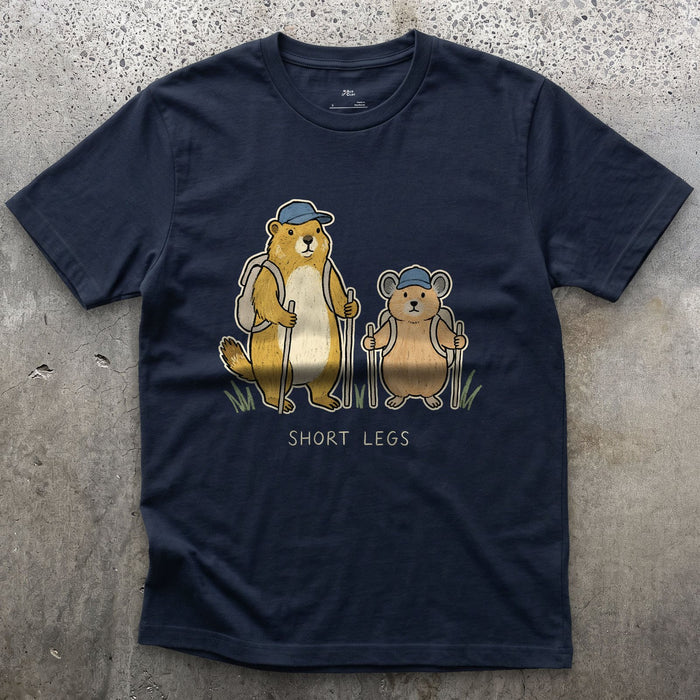 Short Legs, Marmot and Pika Hiking design on a Navy Gildan Softstyle t-shirt
