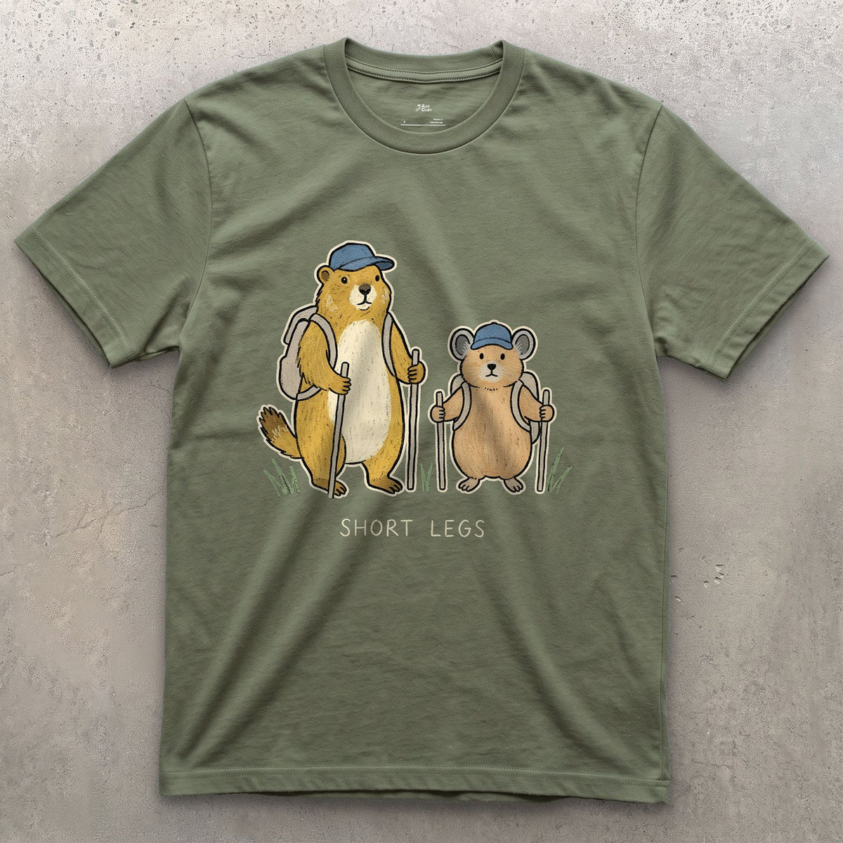 Short Legs, Marmot and Pika Hiking design on a Military Green Gildan Softstyle t-shirt