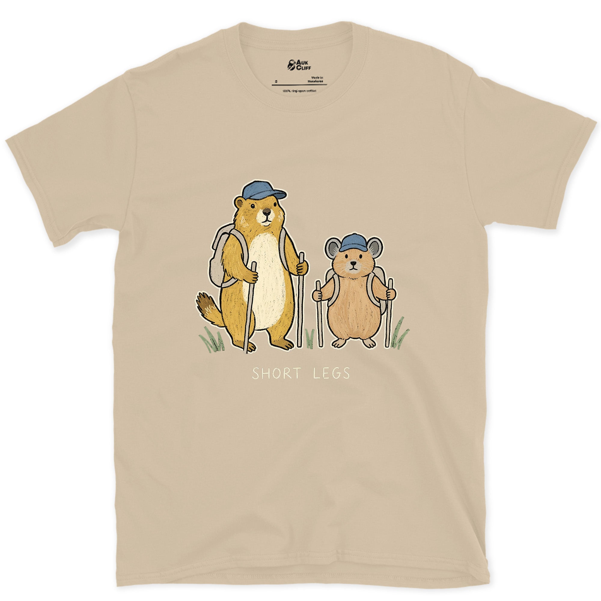 Short Legs, Marmot and Pika Hiking design on a Sand Gildan Softstyle t-shirt