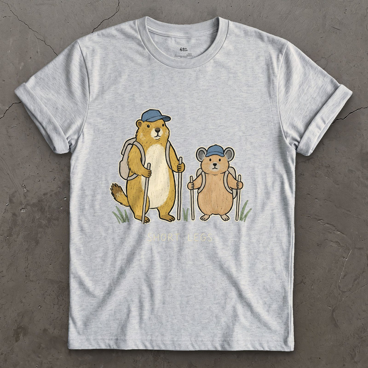 Short Legs, Marmot and Pika Hiking design on a Sport Grey Gildan Softstyle t-shirt