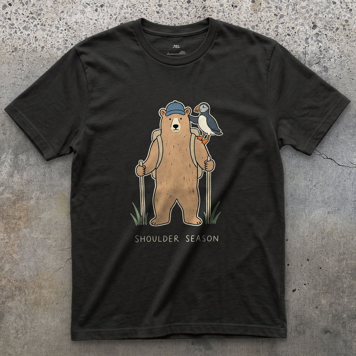 Shoulder Season, Bear and Puffin design on a Black Gildan Softstyle t-shirt