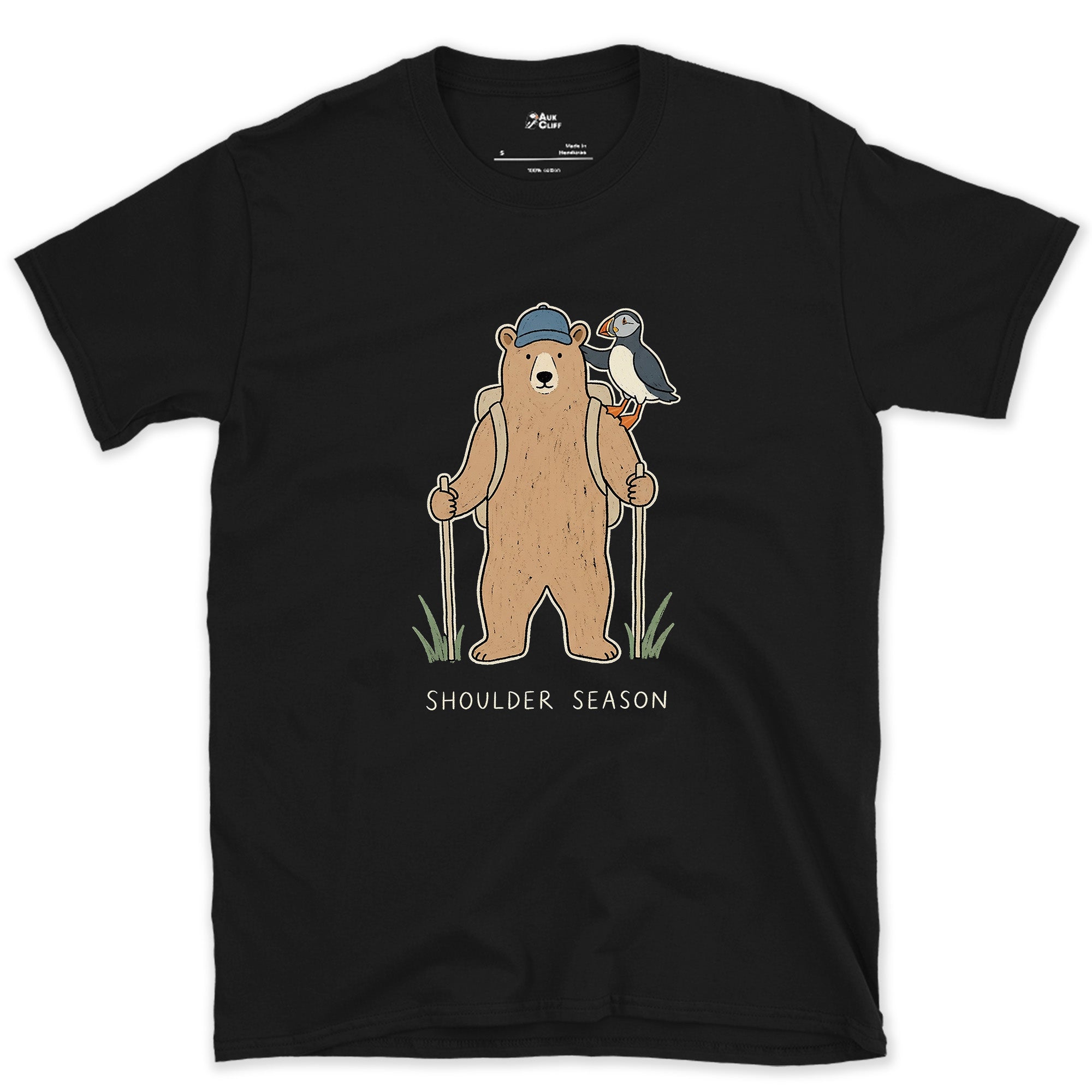Shoulder Season, Bear and Puffin design on a Black Gildan Softstyle t-shirt